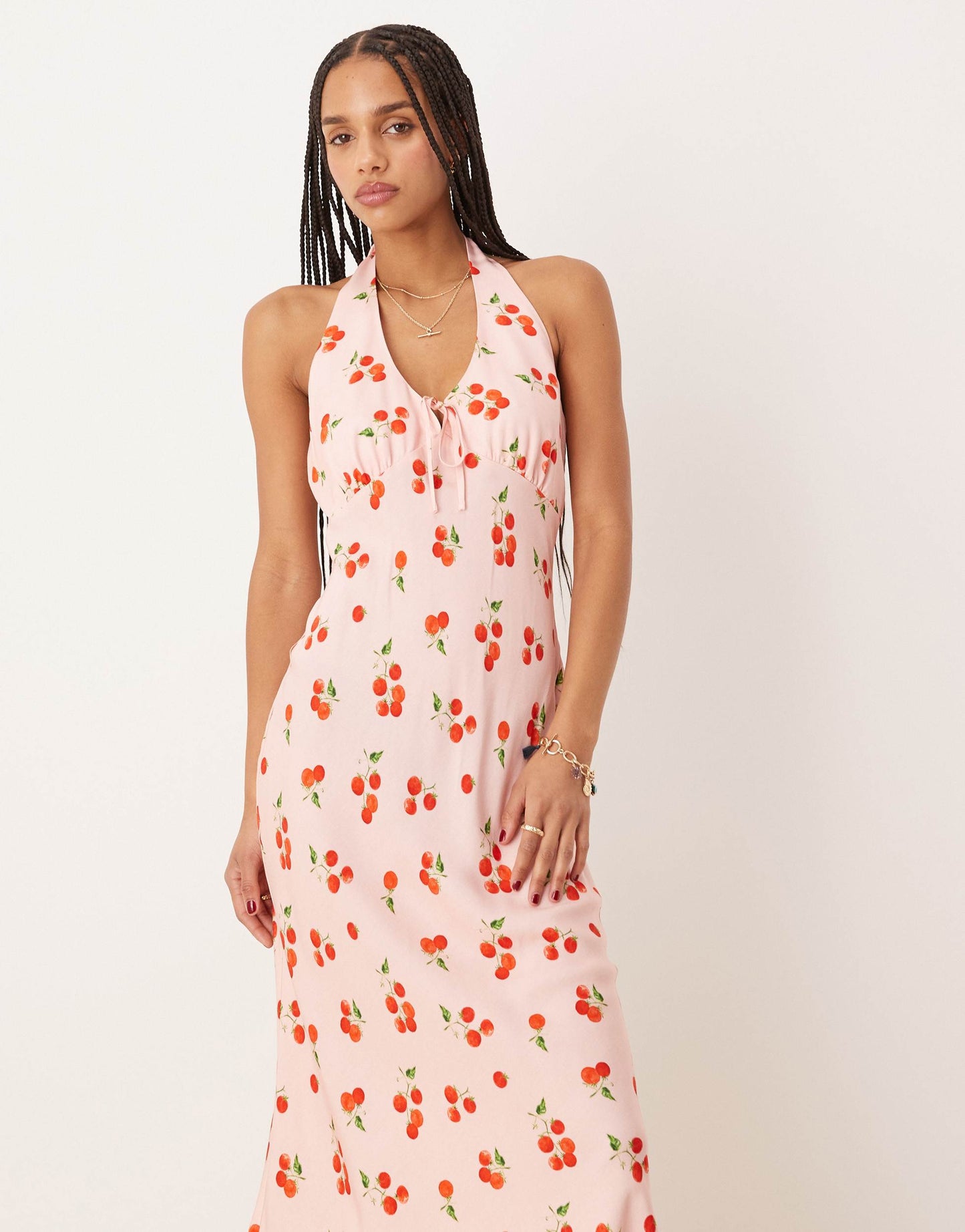Nobody's Child Lyne halter neck midi dress in pink tomato print