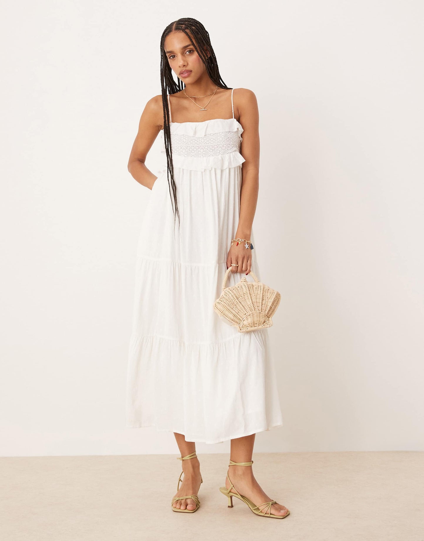 Nobody's Child Florian ruffle cami midi dress in white