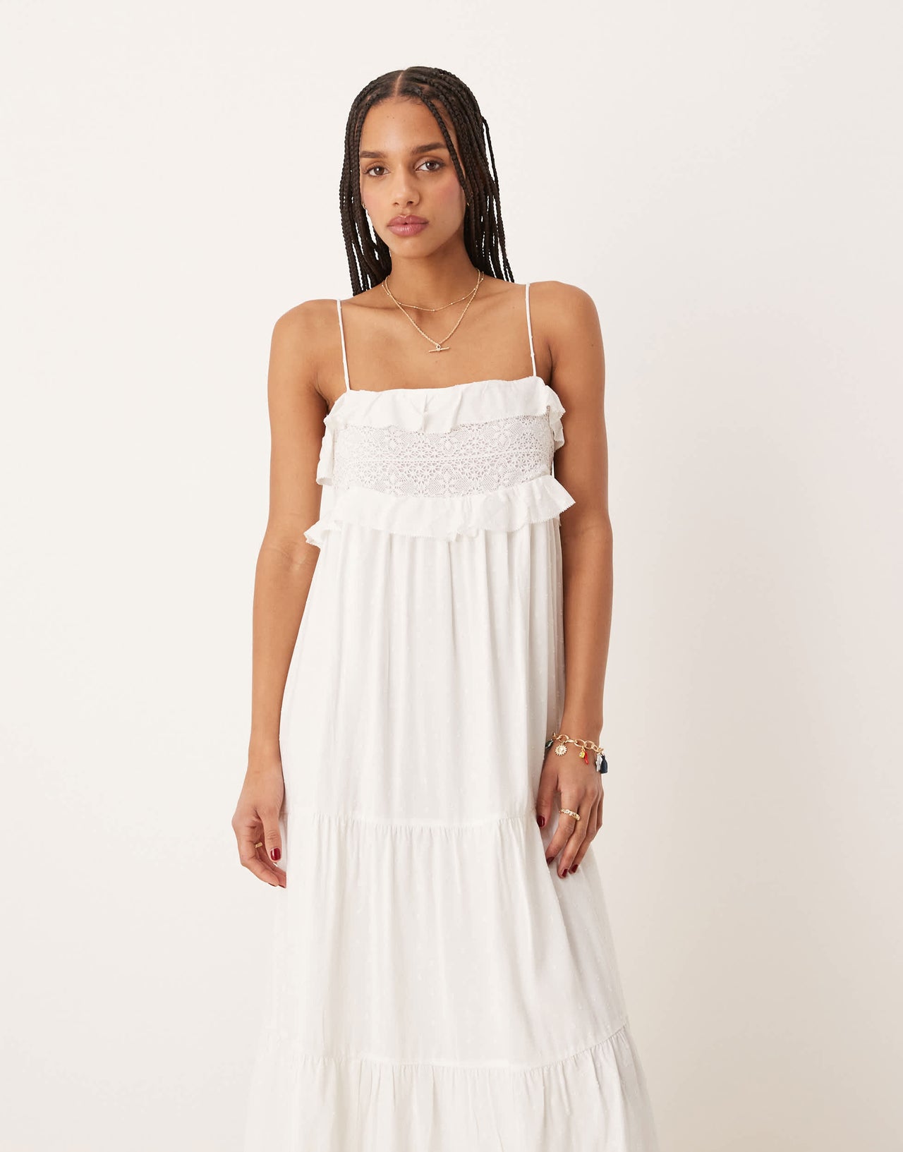 Nobody's Child Florian ruffle cami midi dress in white