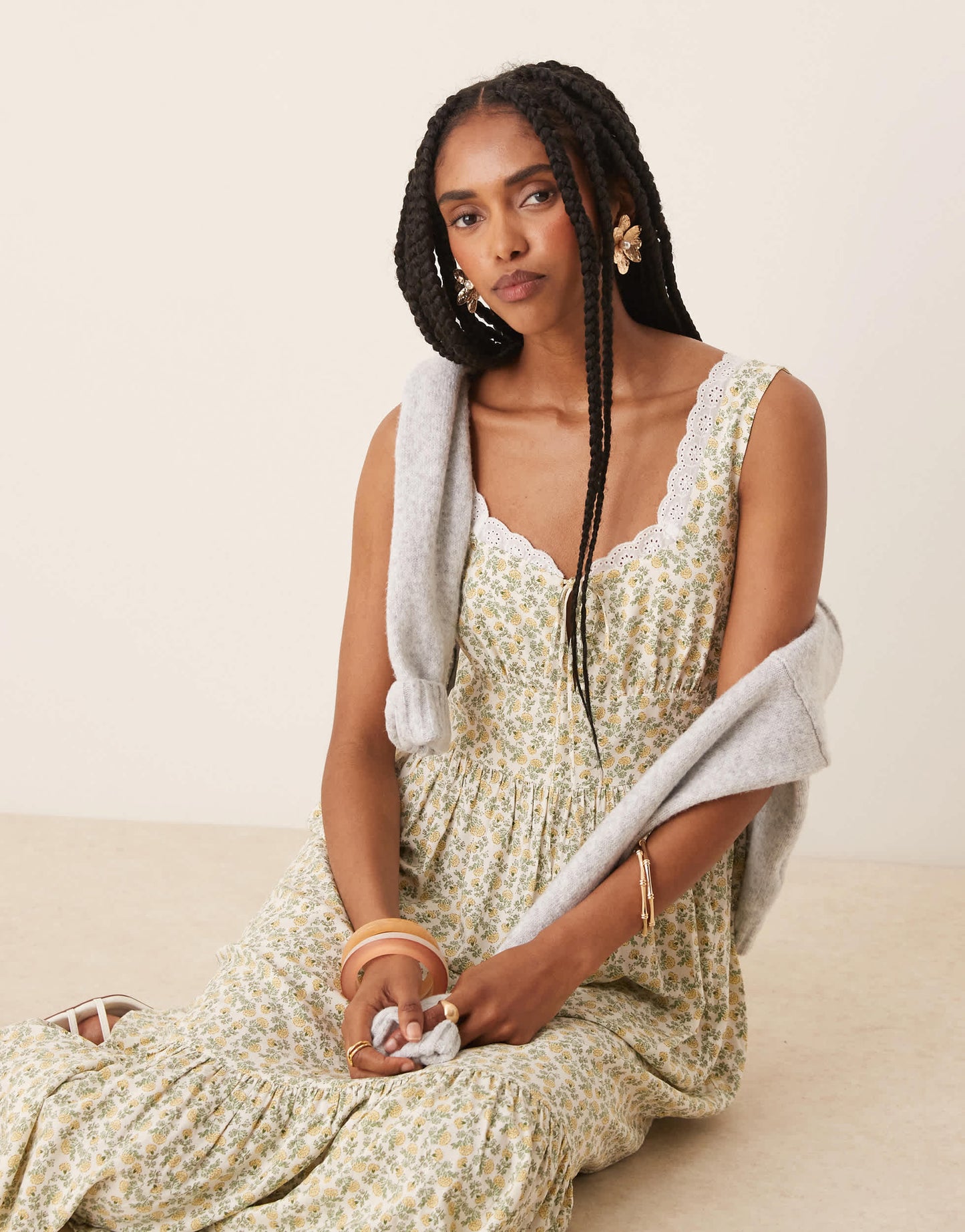 Nobody's Child Heather lace trim midi dress in green floral