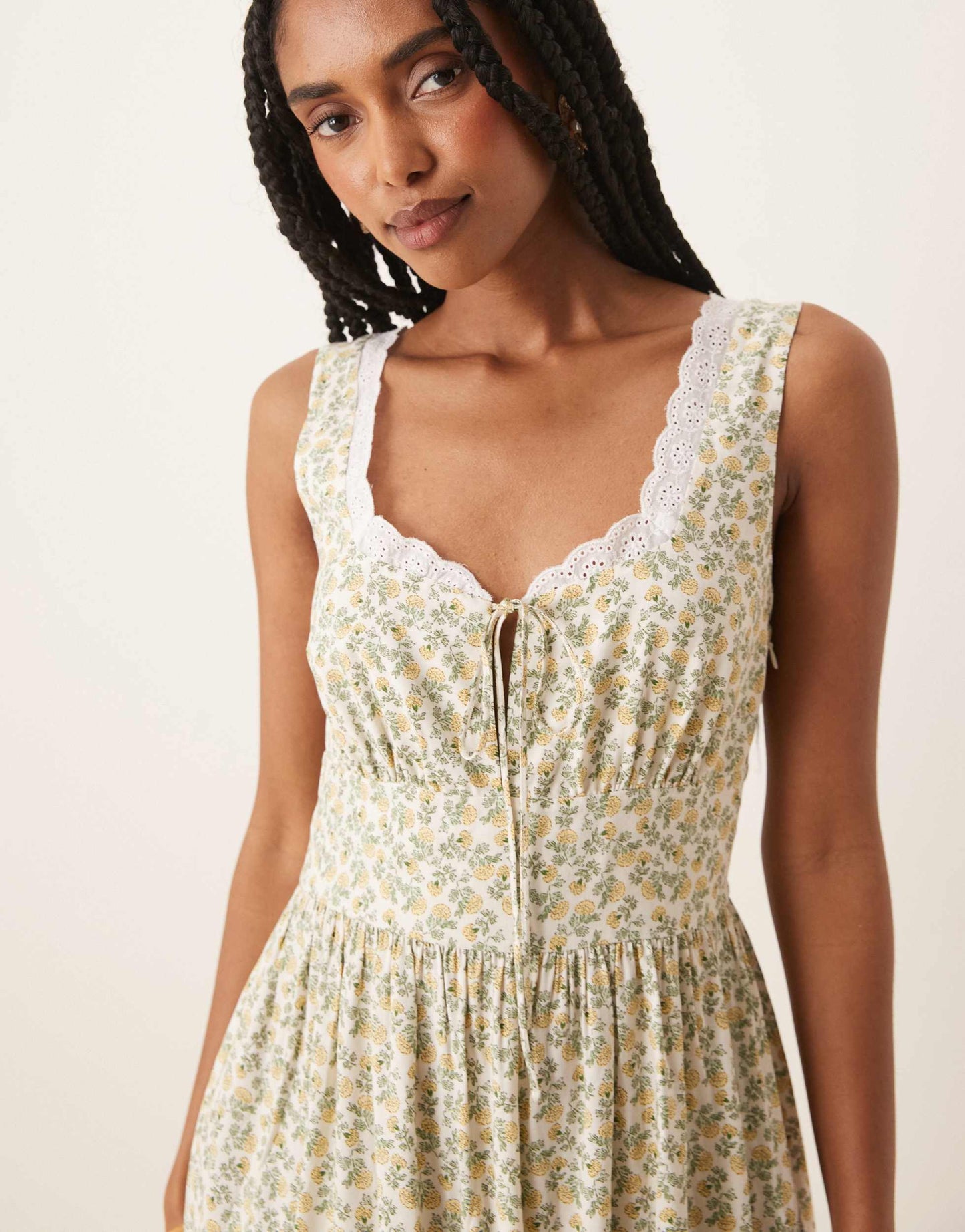 Nobody's Child Heather lace trim midi dress in green floral