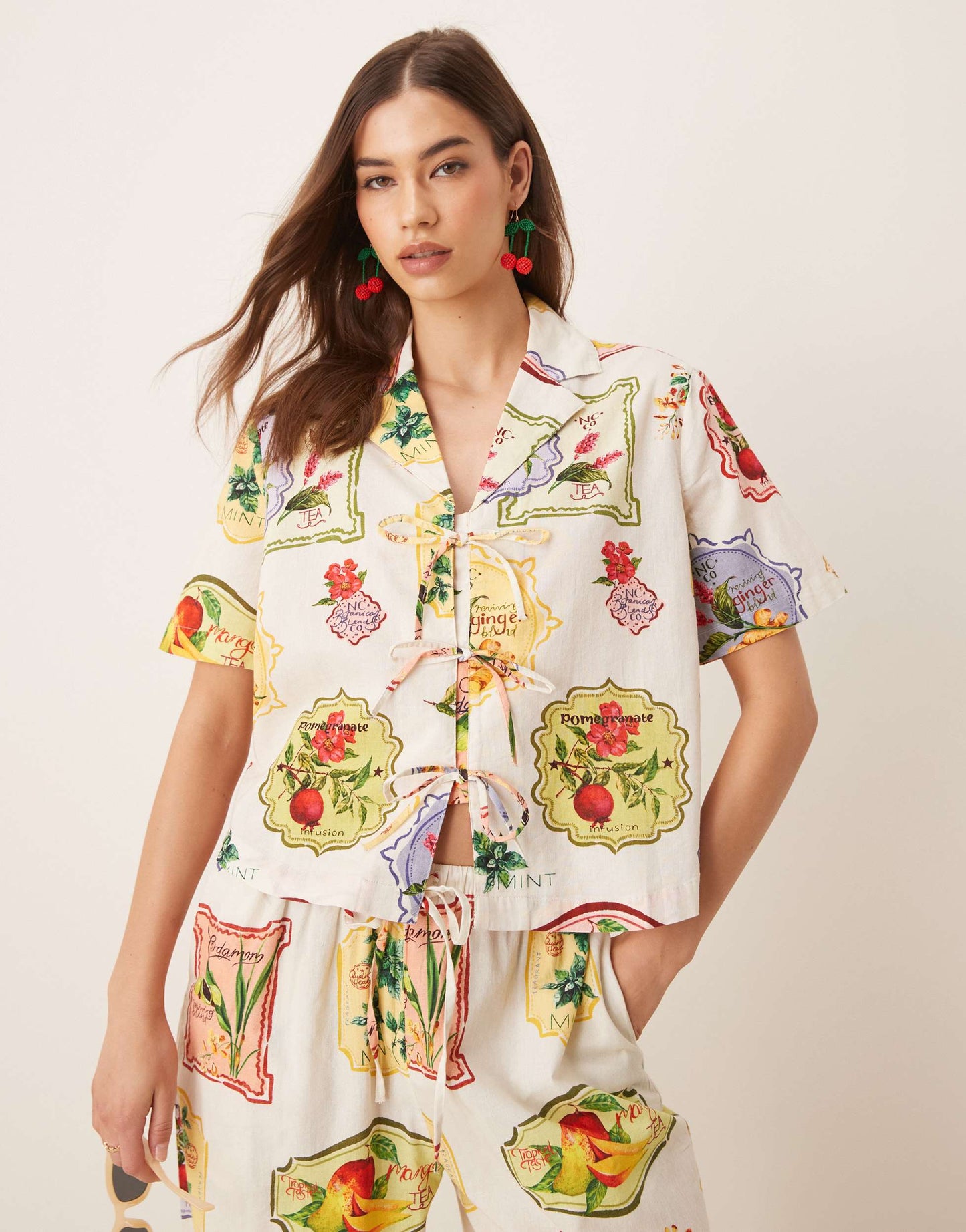 Nobody's Child Harper tie detail shirt co-ord in postcard fruit print