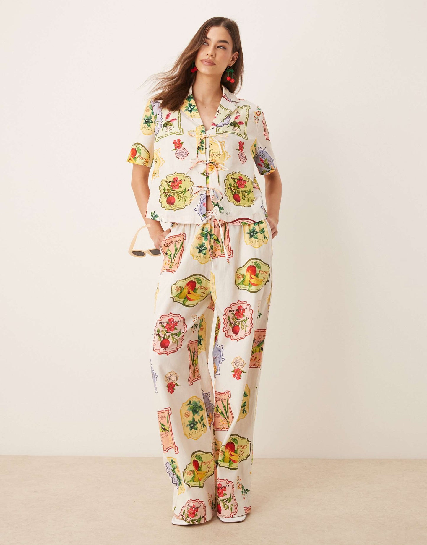 Nobody's Child Harper tie detail shirt co-ord in postcard fruit print