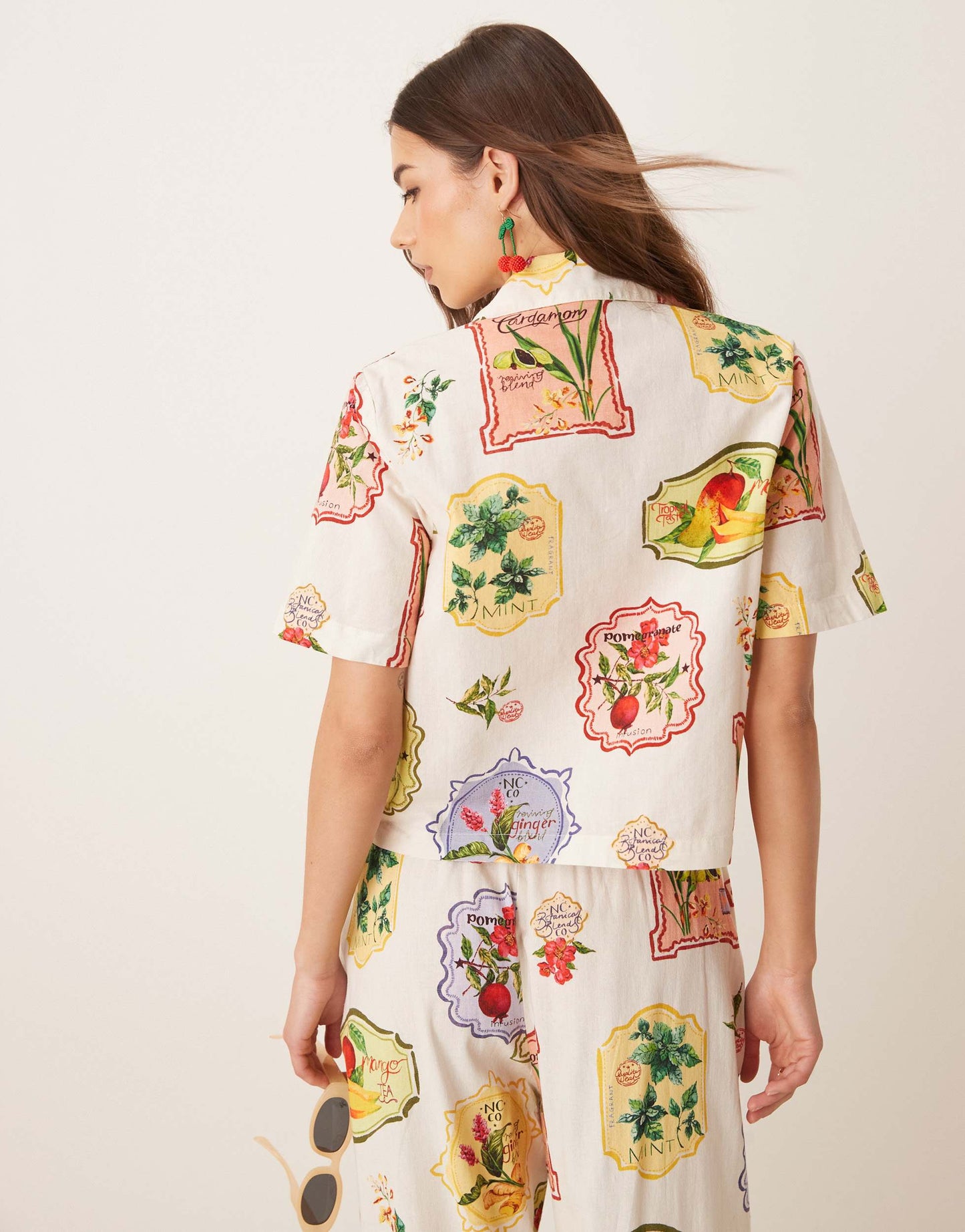 Nobody's Child Harper tie detail shirt co-ord in postcard fruit print