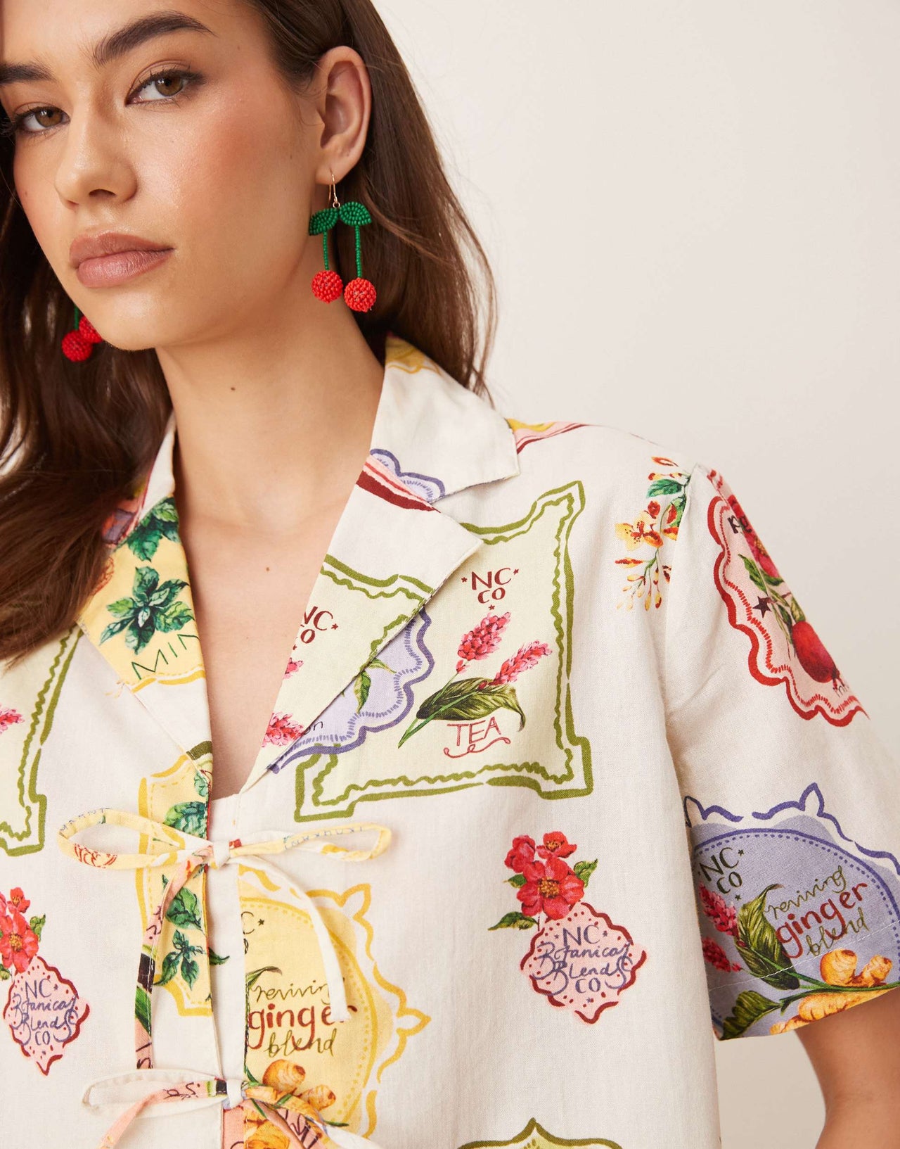Nobody's Child Harper tie detail shirt co-ord in postcard fruit print
