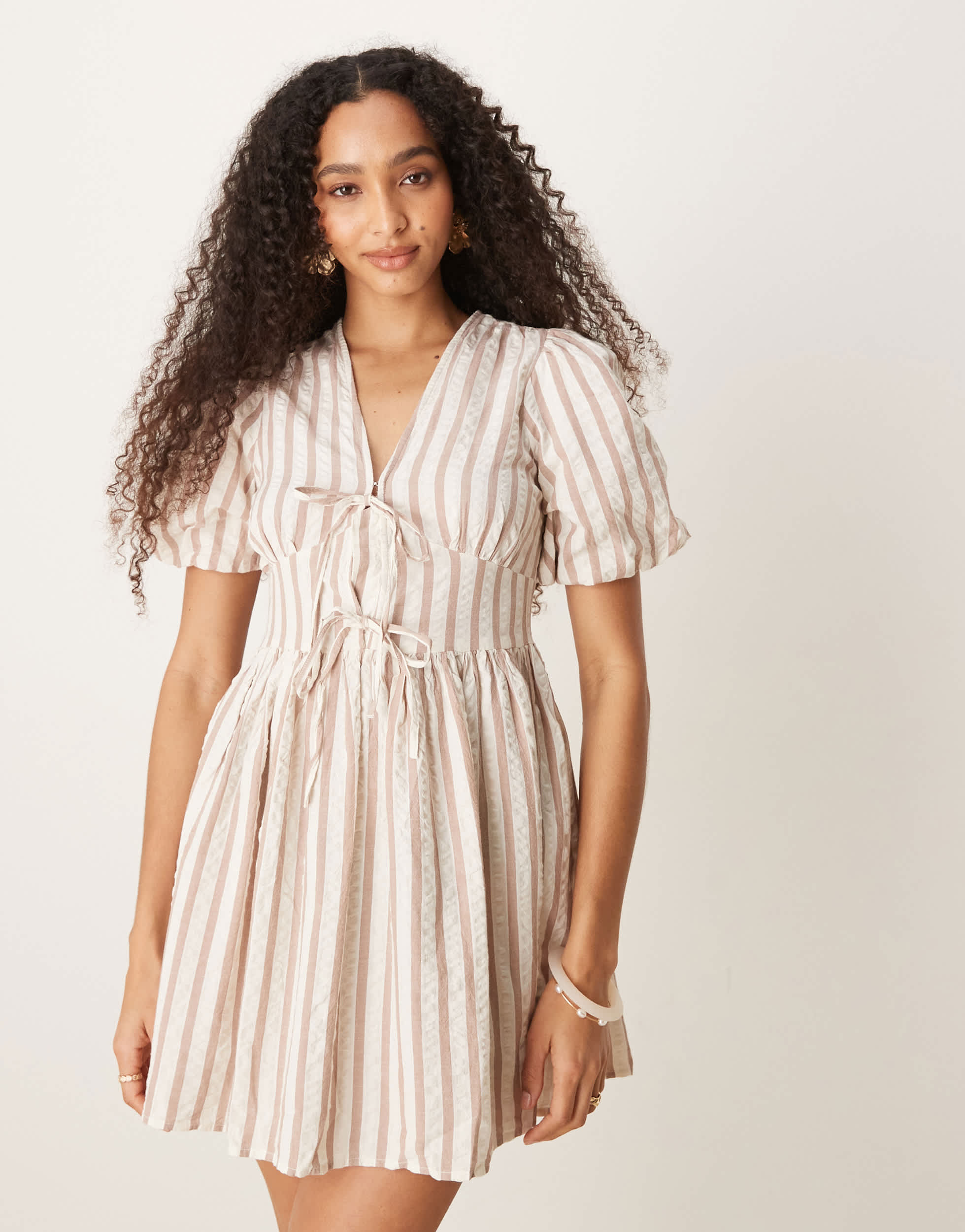 Nobody's Child Scottie puff sleeve mini dress in neutral stripe