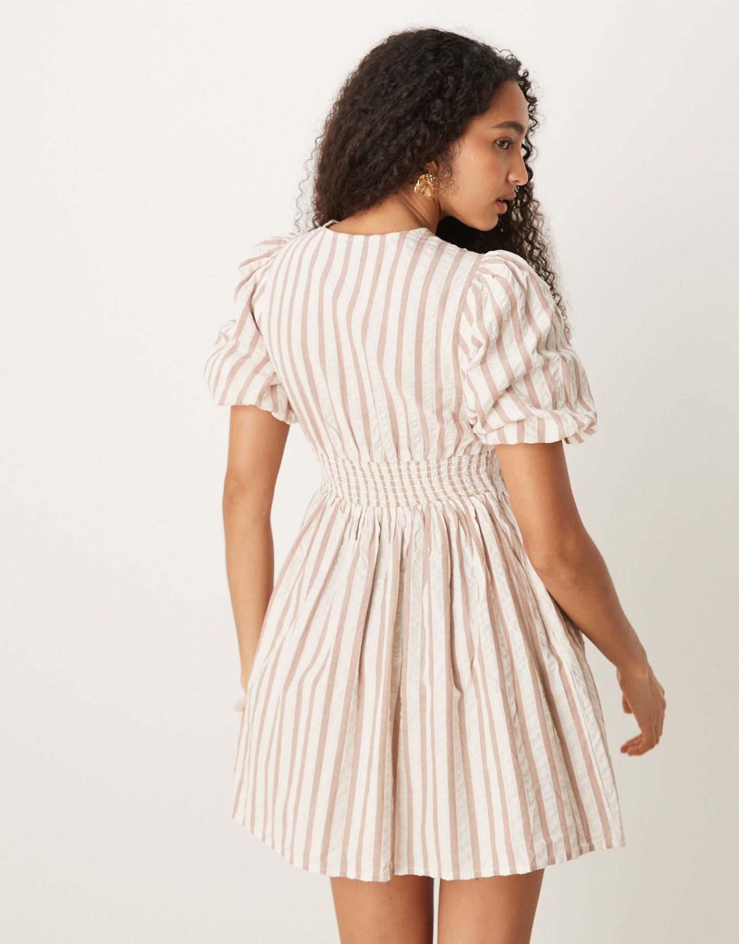 Nobody's Child Scottie puff sleeve mini dress in neutral stripe