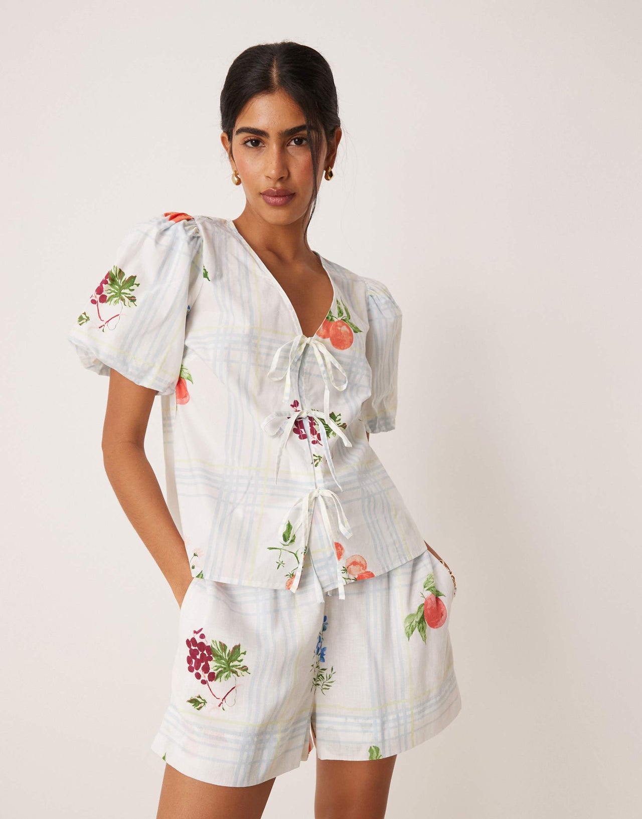 Nobody's Child Bernadetta tie-detail top co-ord in fruit check print