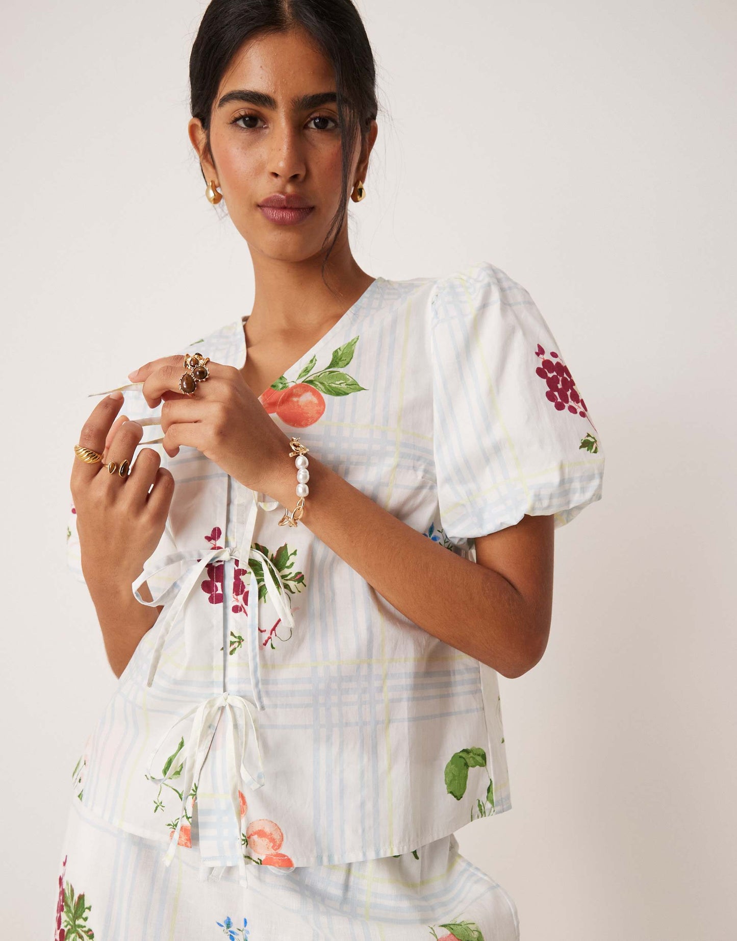Nobody's Child Bernadetta tie-detail top co-ord in fruit check print