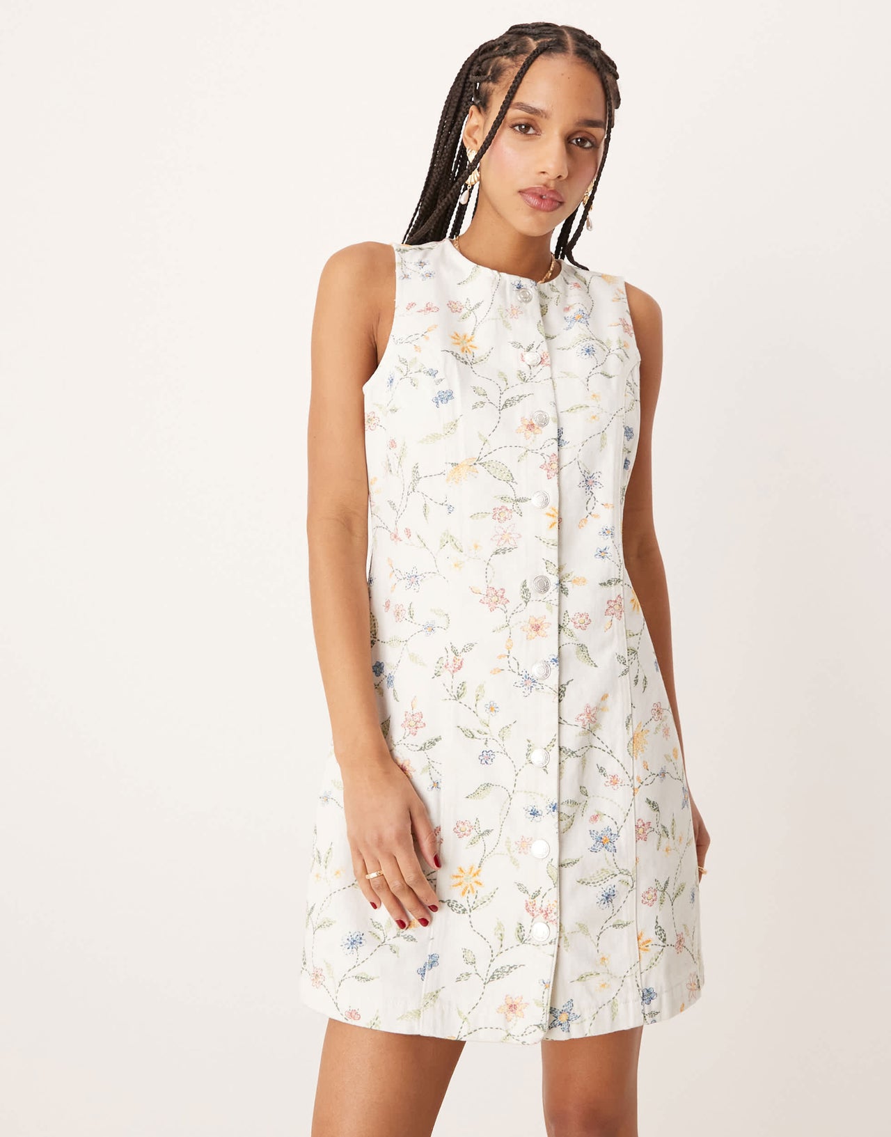 Nobody's Child Ned denim mini pinafore dress in white floral