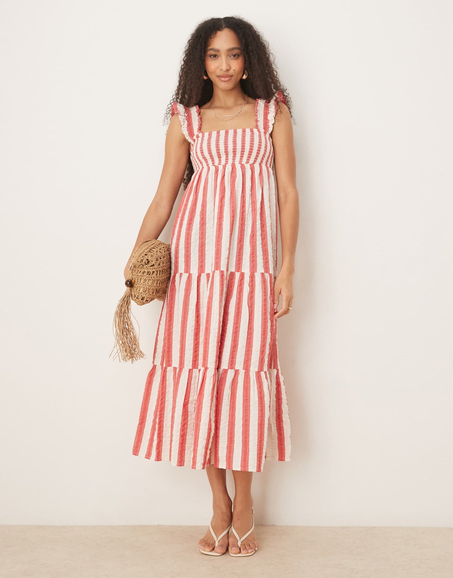 Nobody's Child Maya ruffle shoulder tiered midi dress in red stripe