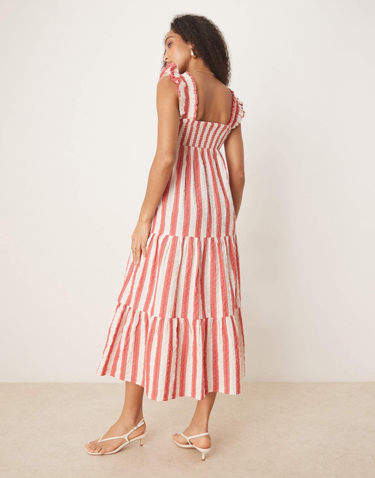 Nobody's Child Maya ruffle shoulder tiered midi dress in red stripe