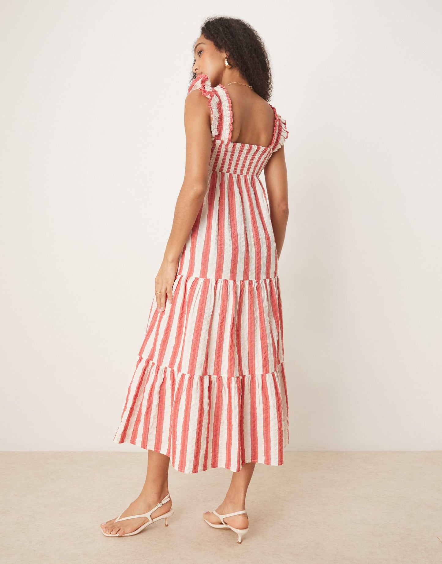 Nobody's Child Maya ruffle shoulder tiered midi dress in red stripe