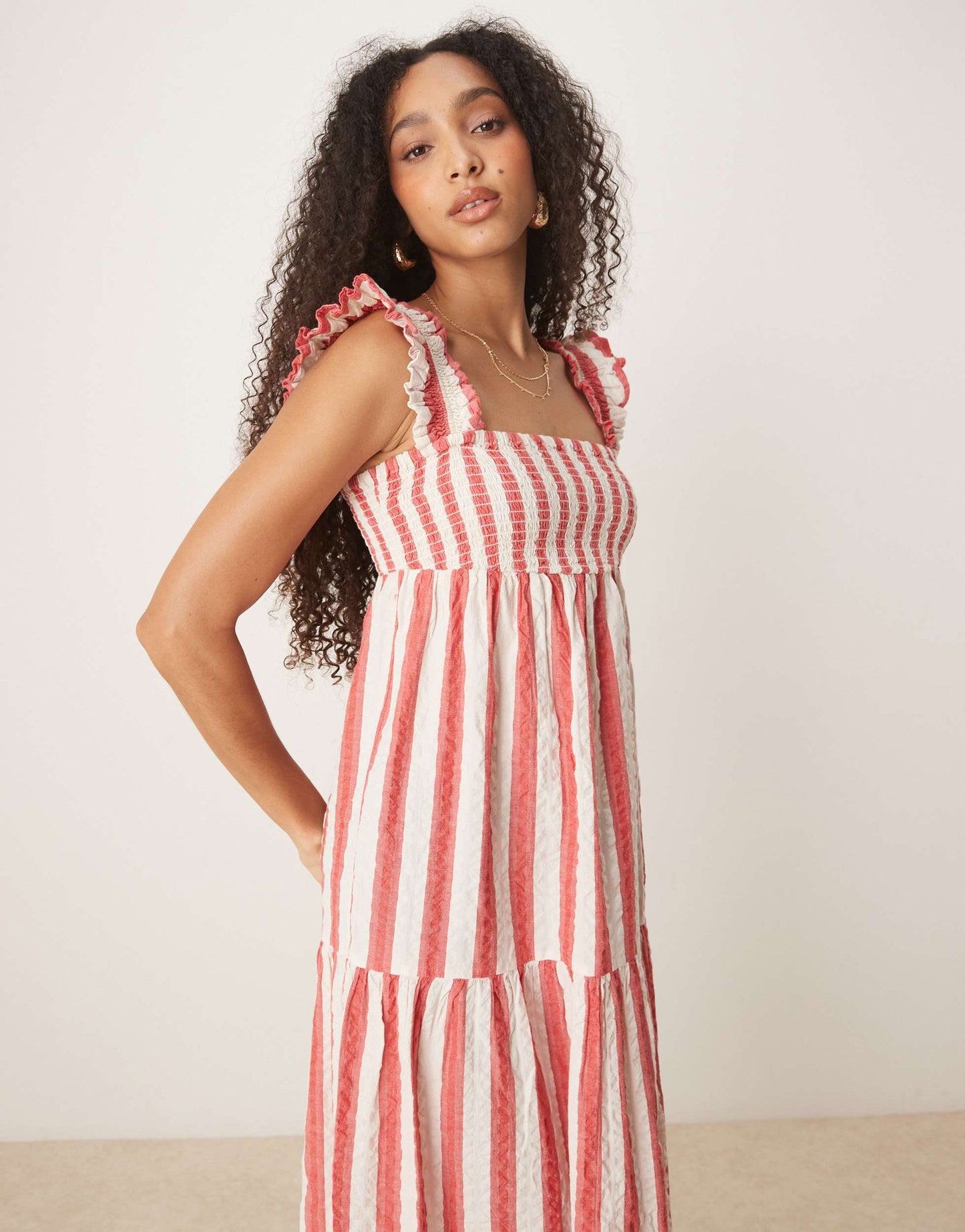 Nobody's Child Maya ruffle shoulder tiered midi dress in red stripe