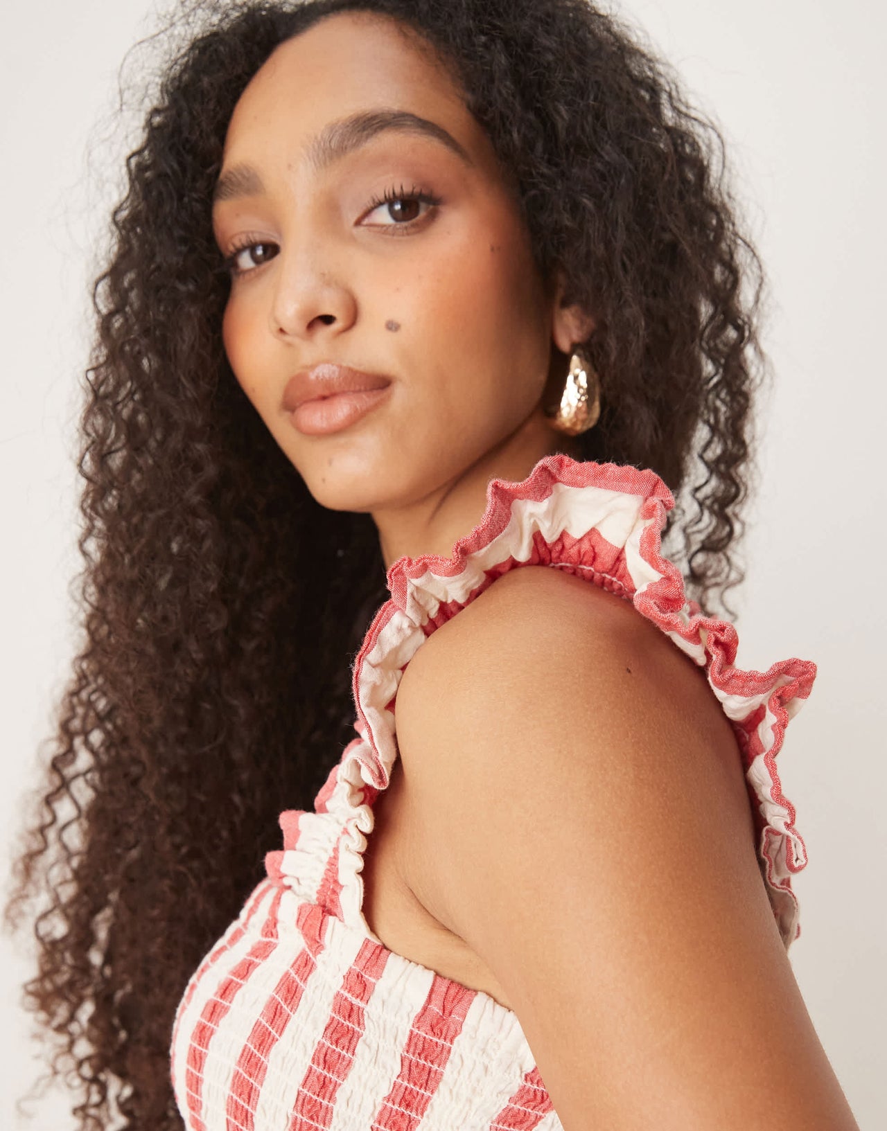 Nobody's Child Maya ruffle shoulder tiered midi dress in red stripe