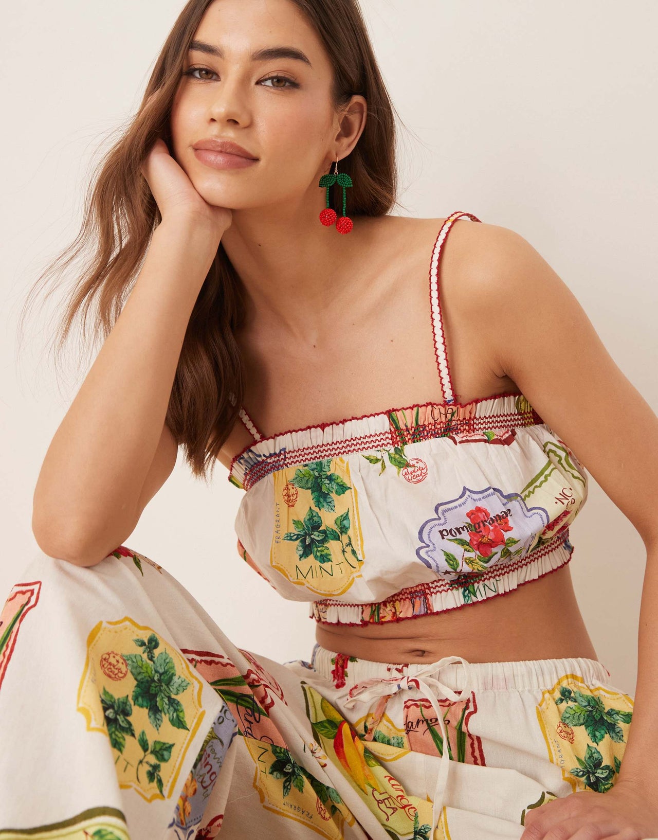 Nobody's Child Chai cropped cami top co-ord in postcard fruit print