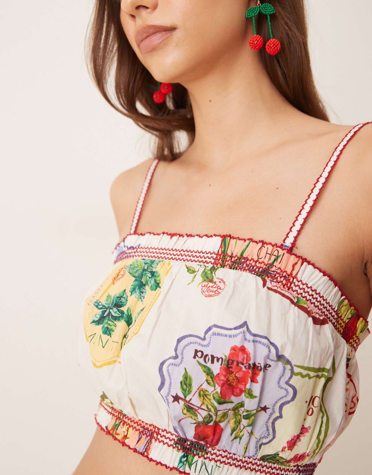 Nobody's Child Chai cropped cami top co-ord in postcard fruit print