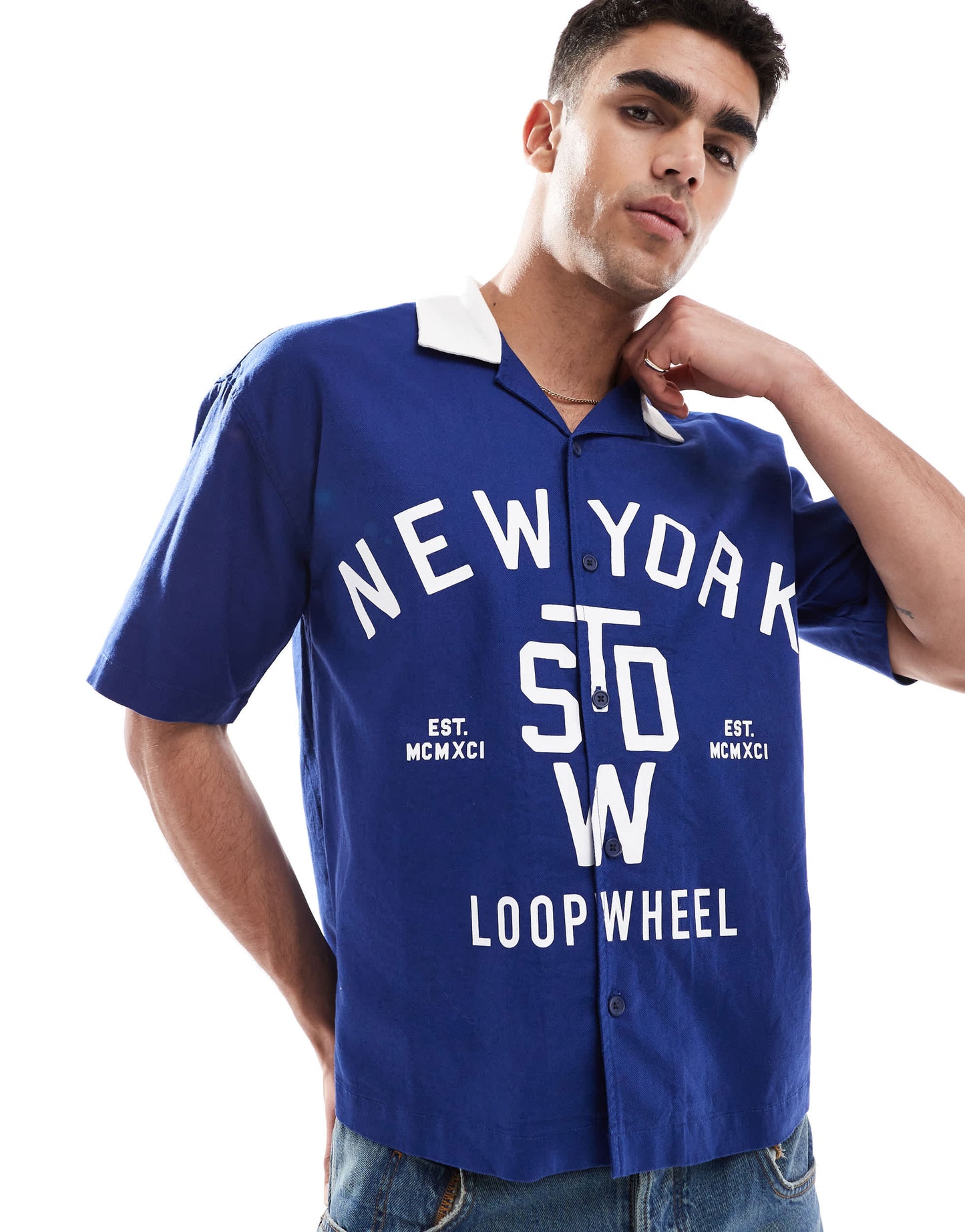 Pull&Bear 'New York' oversized knitted polo in blue