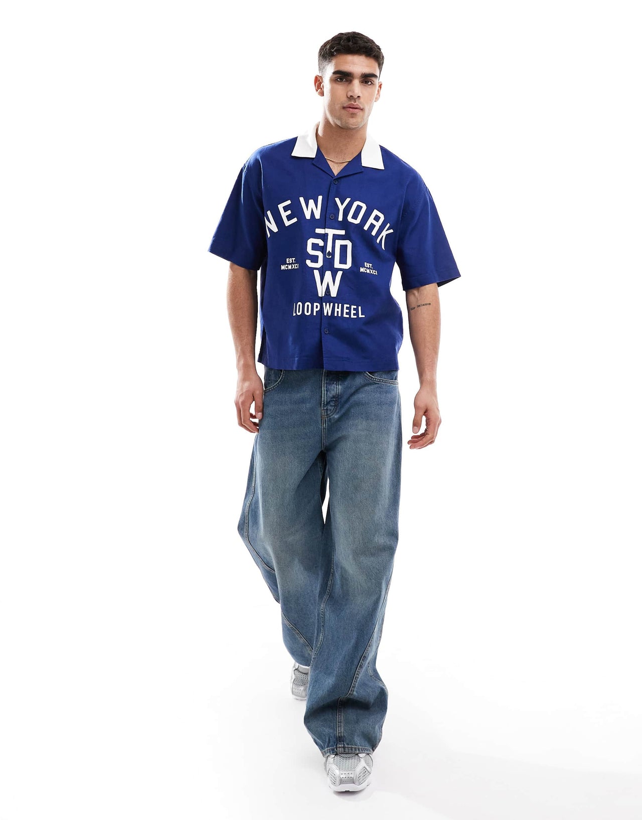 Pull&Bear 'New York' oversized knitted polo in blue
