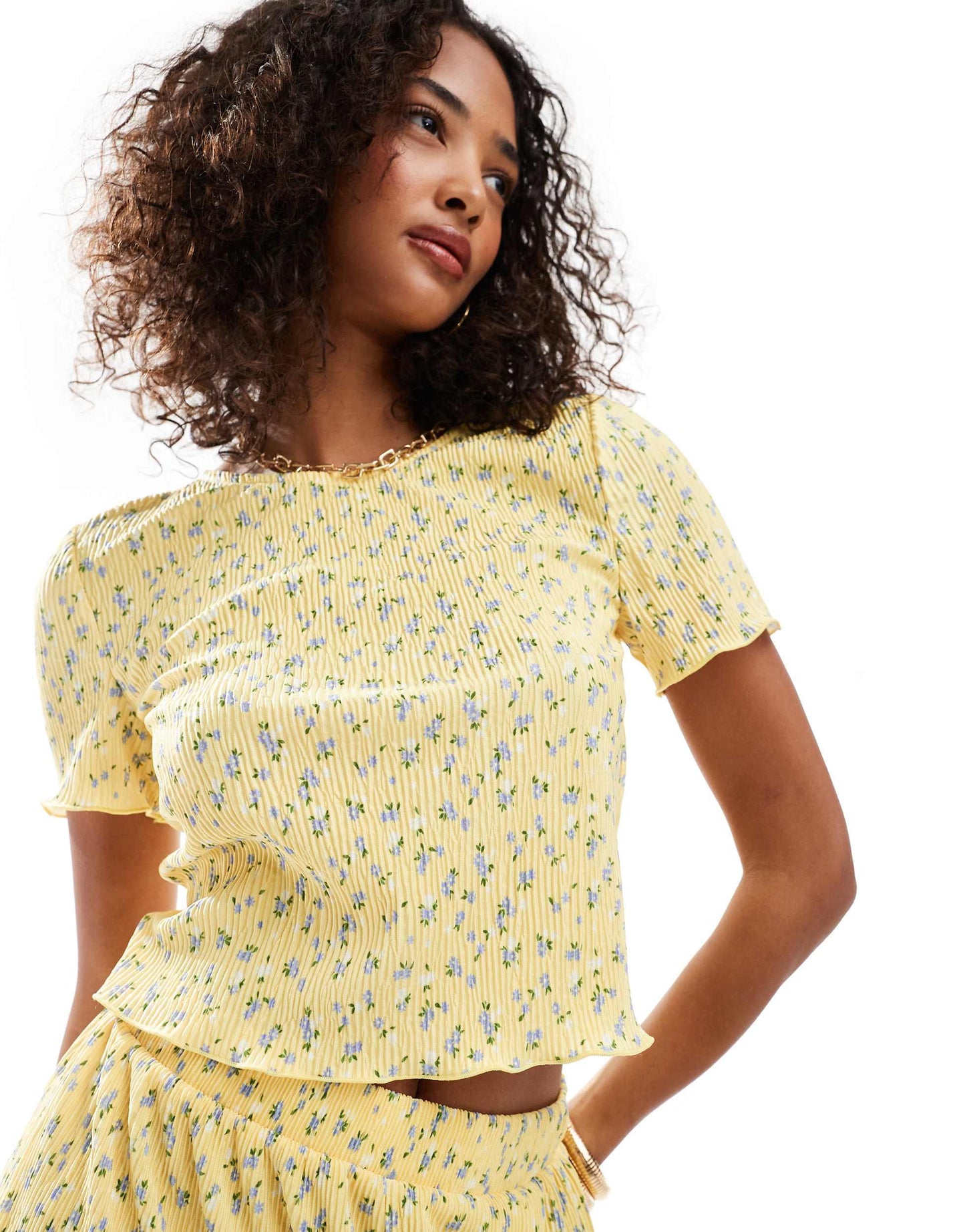 Pieces mini plisse baby tee co-ord in ditsy yellow flower print