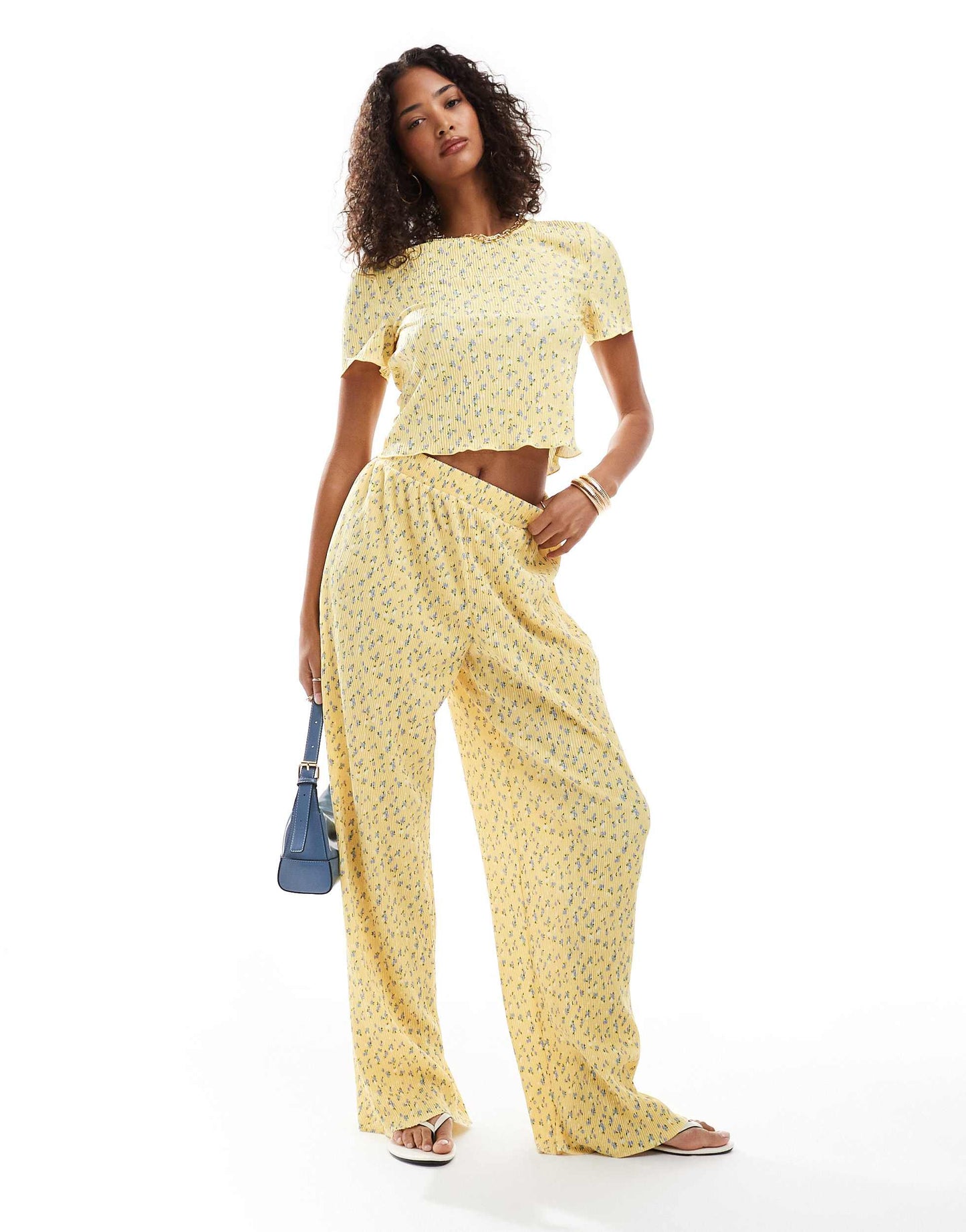 Pieces mini plisse baby tee co-ord in ditsy yellow flower print