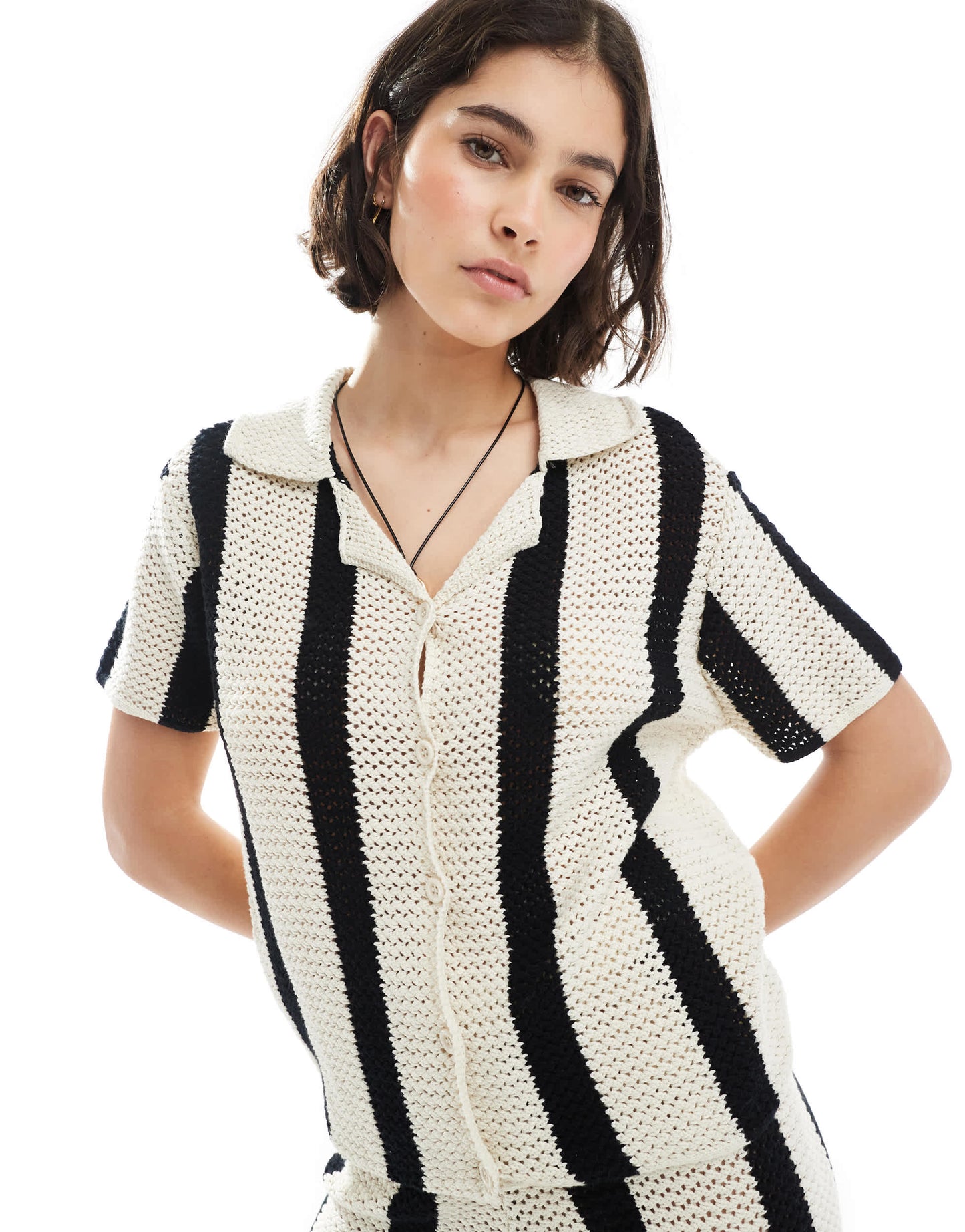 Pieces crochet knit boxy polo top co-ord in black and white stripe
