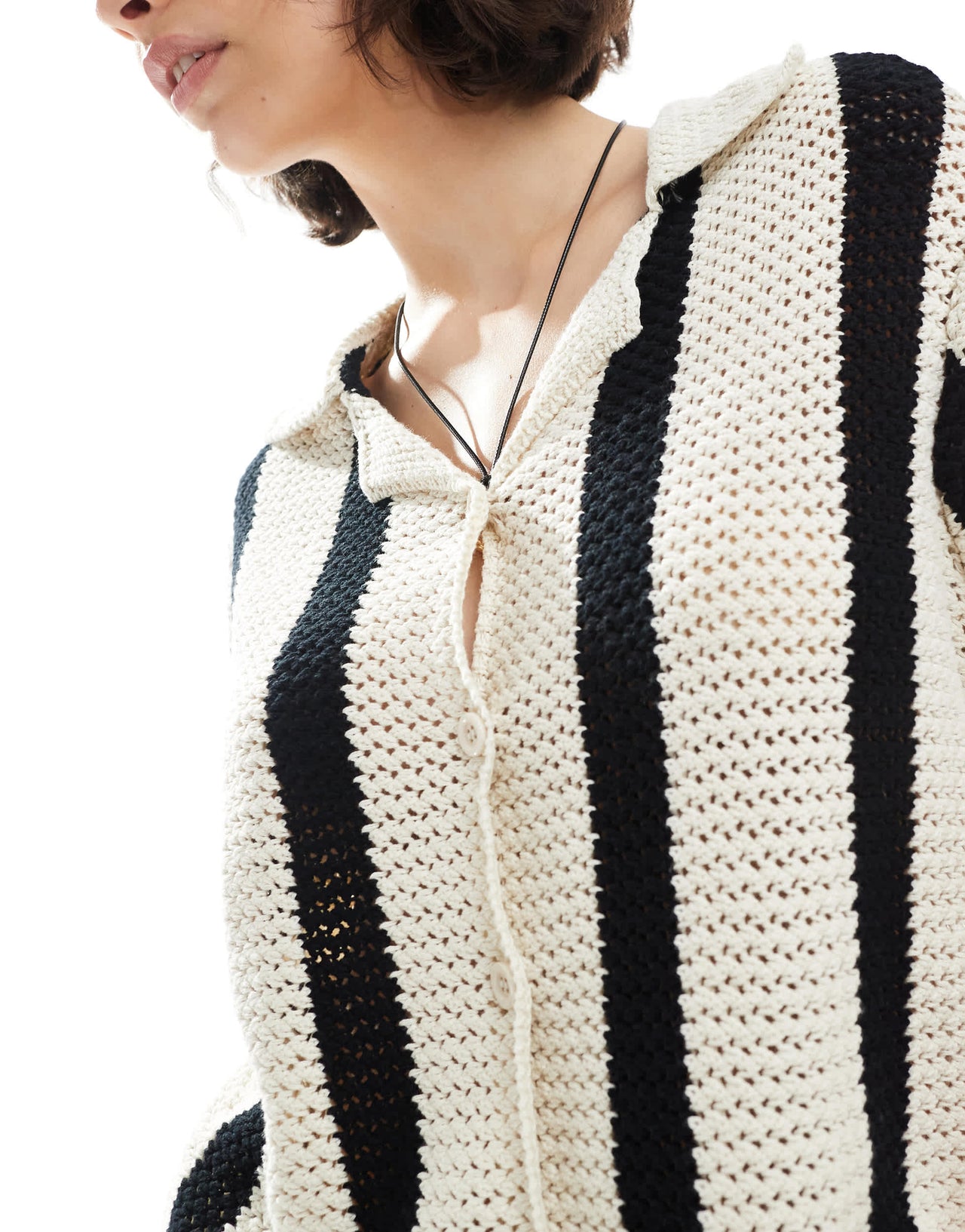 Pieces crochet knit boxy polo top co-ord in black and white stripe