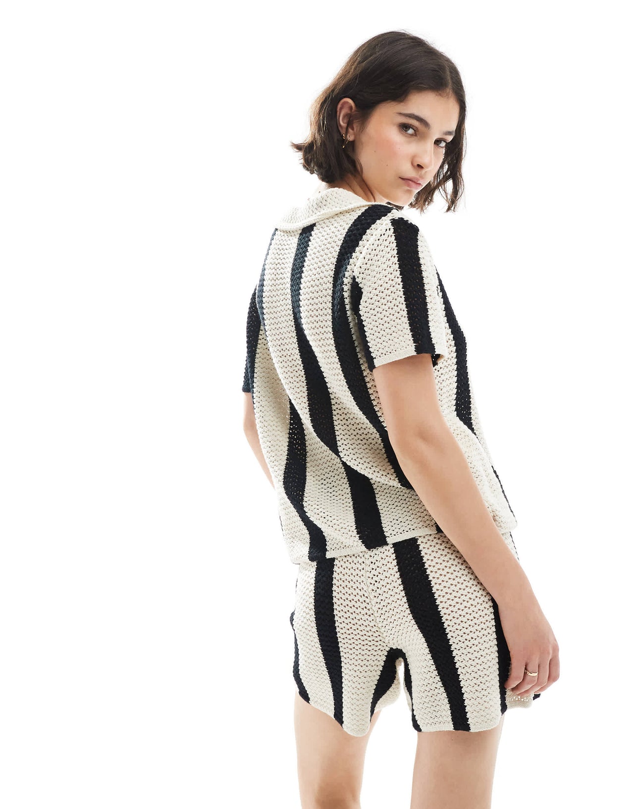 Pieces crochet knit boxy polo top co-ord in black and white stripe