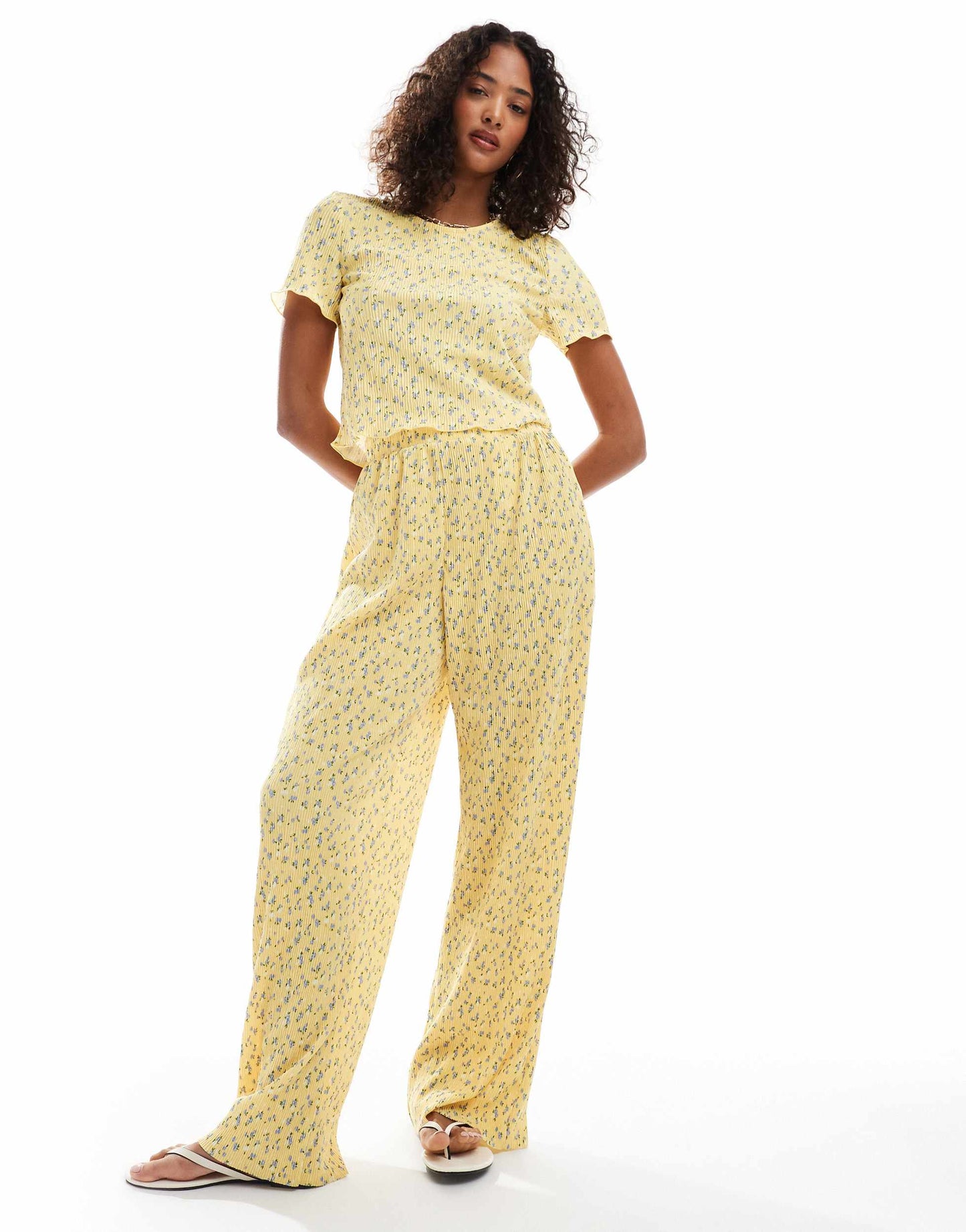 Pieces mini plisse wide leg trouser co-ord in ditsy yellow flower print