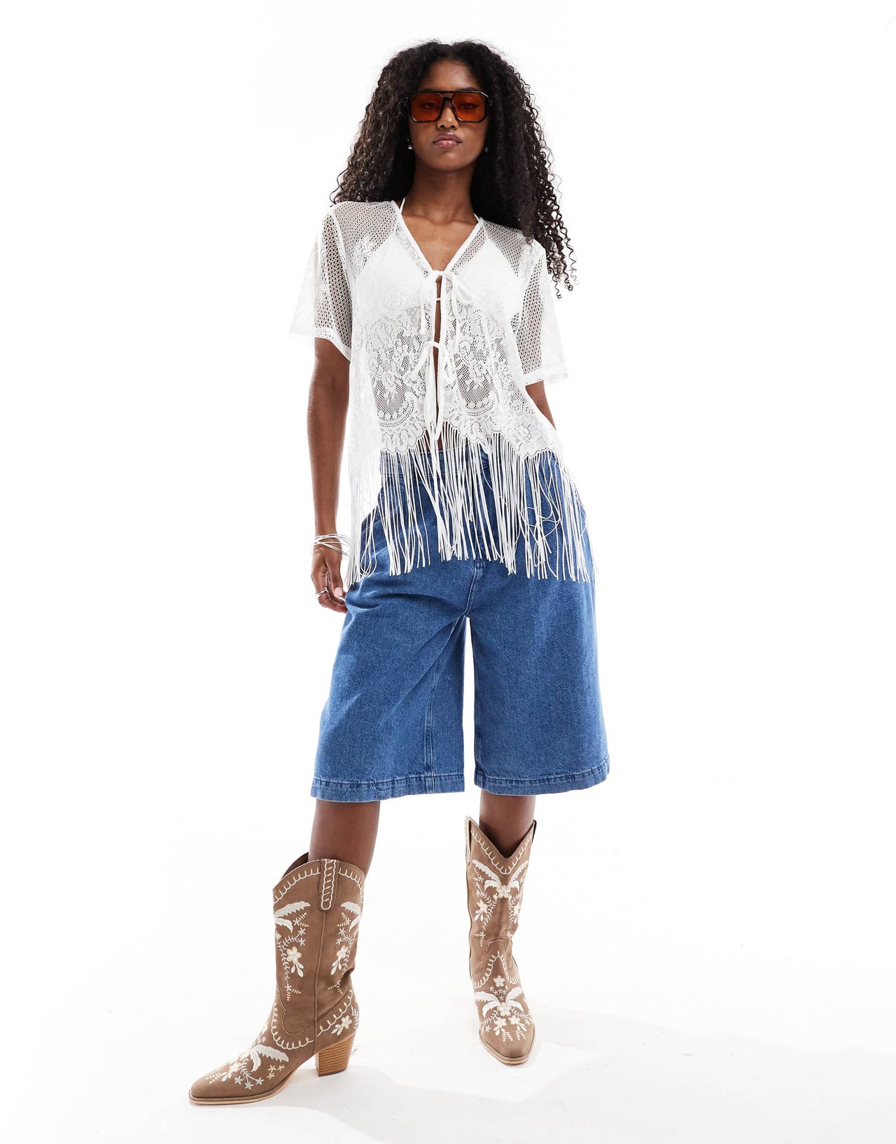Pieces tie front western cardigan with fringe hem in cream