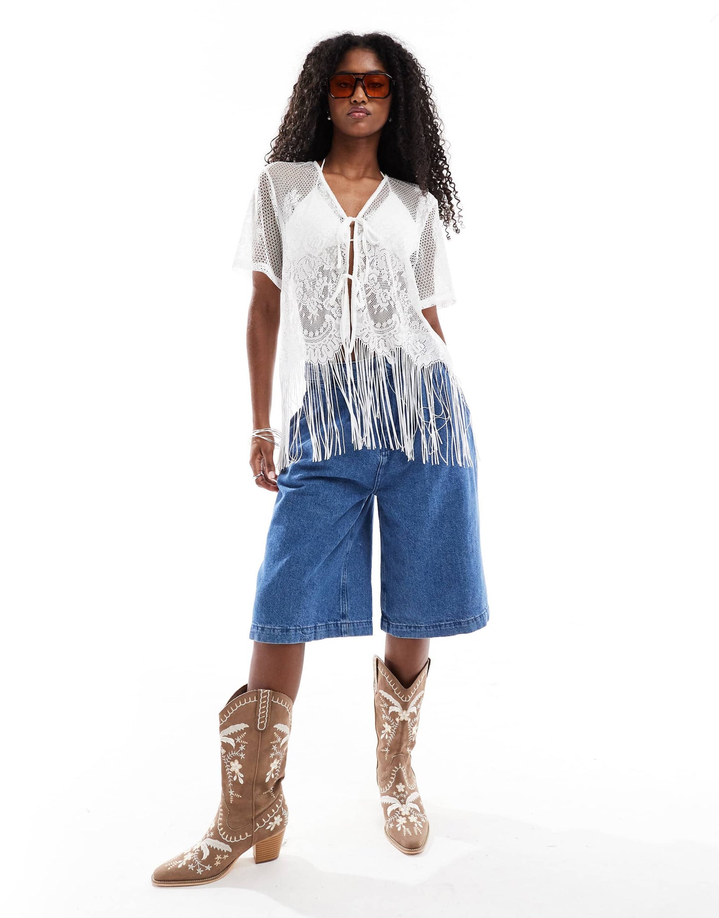 Pieces tie front western cardigan with fringe hem in cream