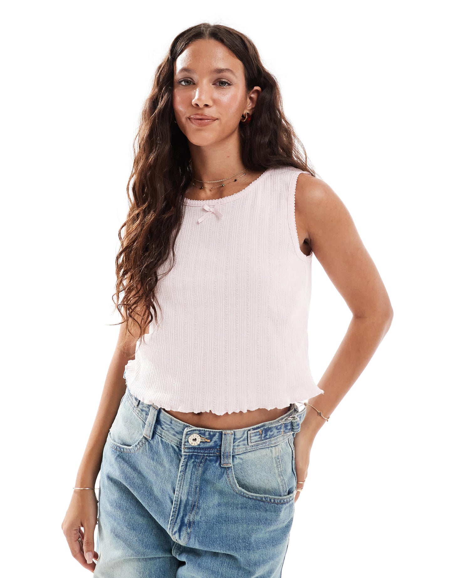 Pieces sleeveless cropped pointelle top with bow trim in pale pink