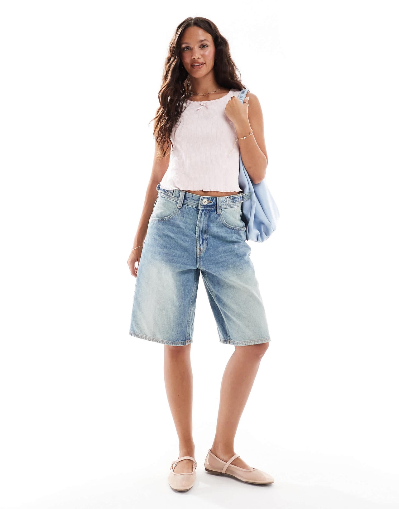 Pieces sleeveless cropped pointelle top with bow trim in pale pink