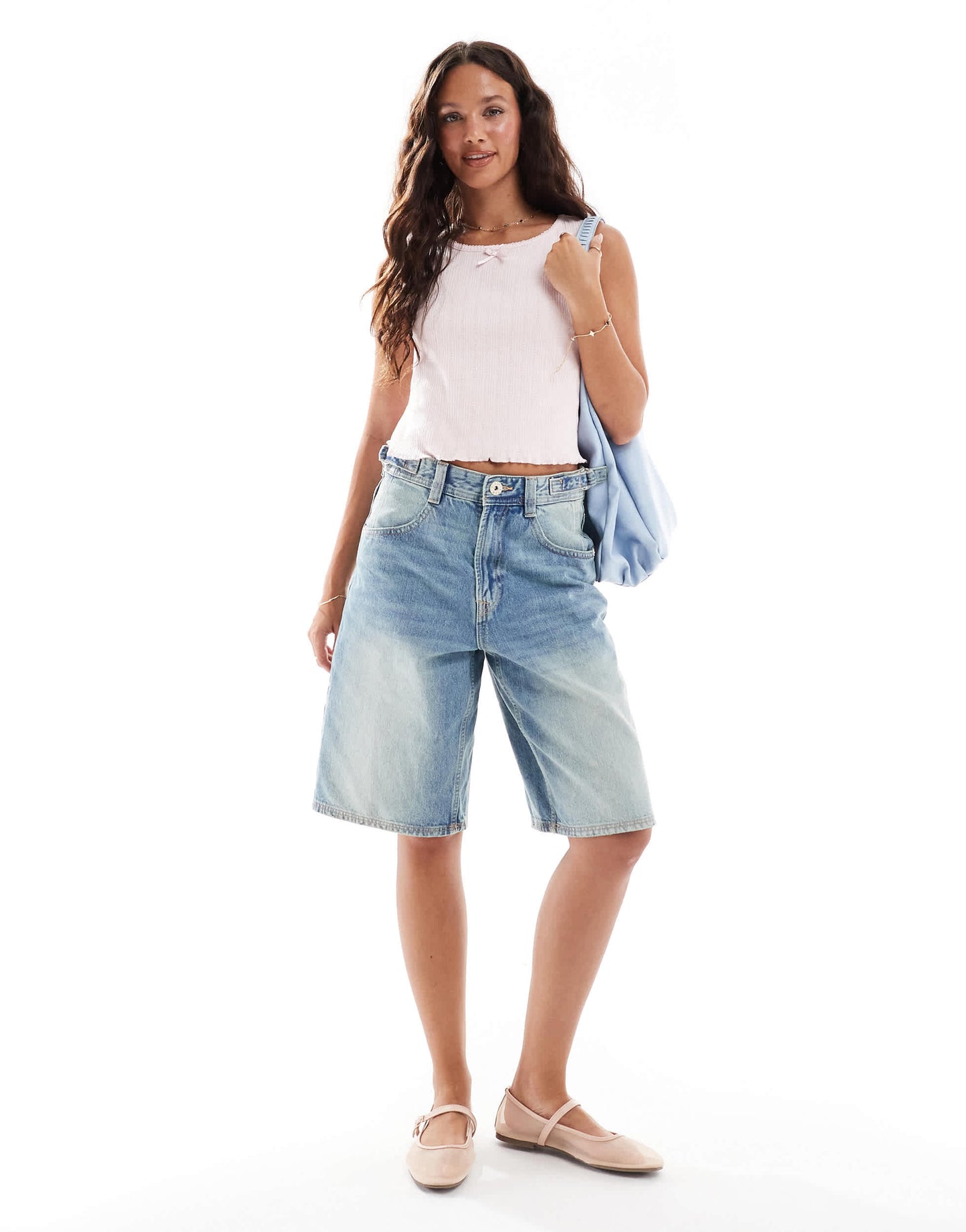 Pieces sleeveless cropped pointelle top with bow trim in pale pink