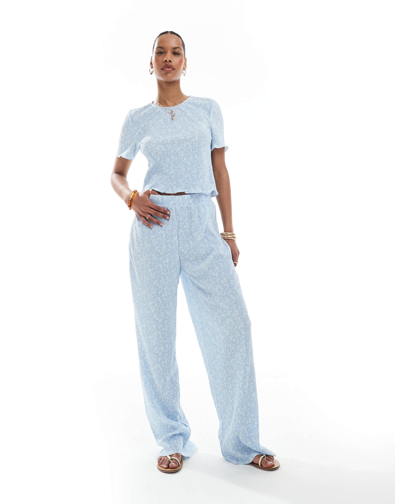 Pieces mini plisse wide leg trouser co-ord in ditsy blue flower print