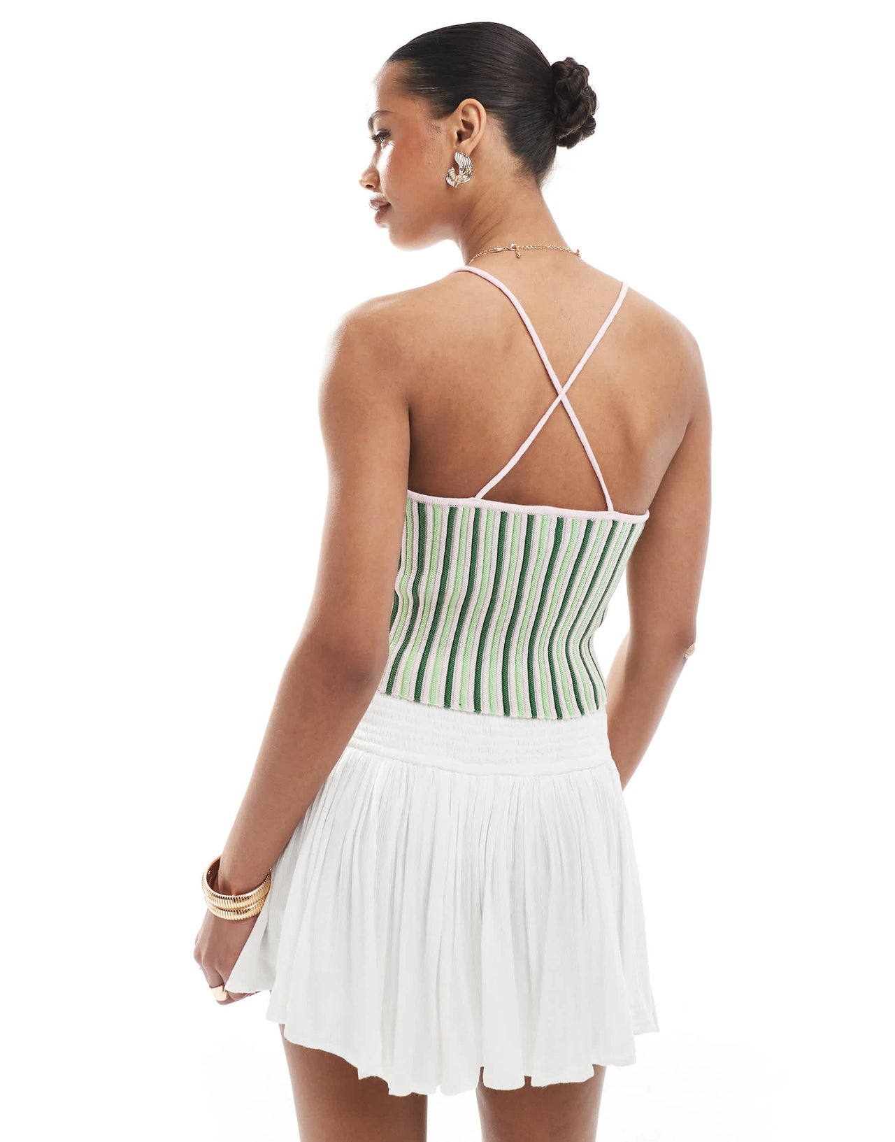 Pieces textured knit cropped top with cami straps in green stripe
