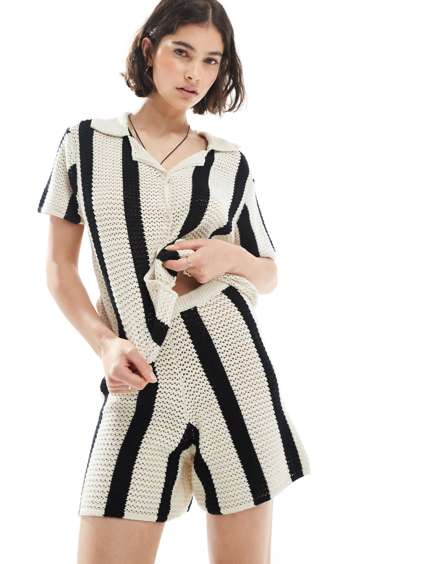 Pieces crochet knit short co-ord in black and white stripe