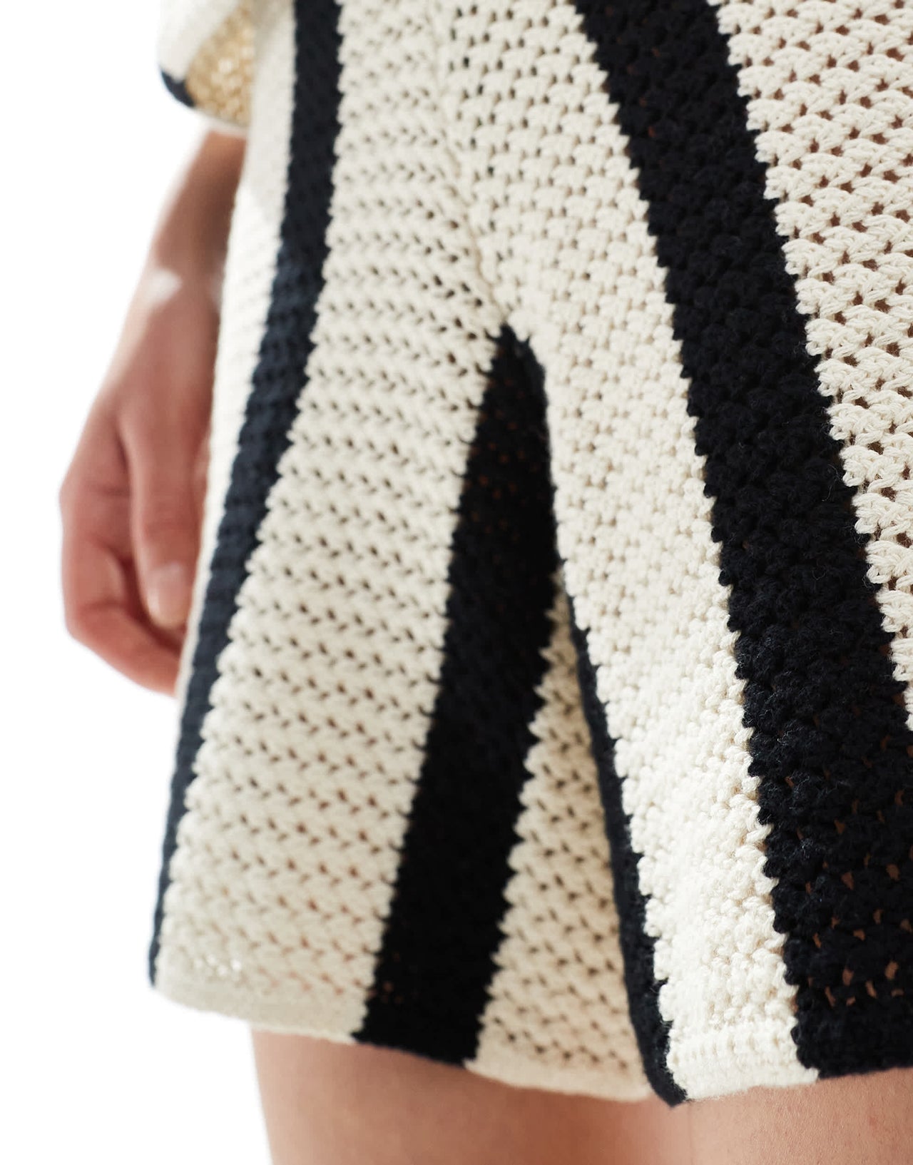 Pieces crochet knit short co-ord in black and white stripe