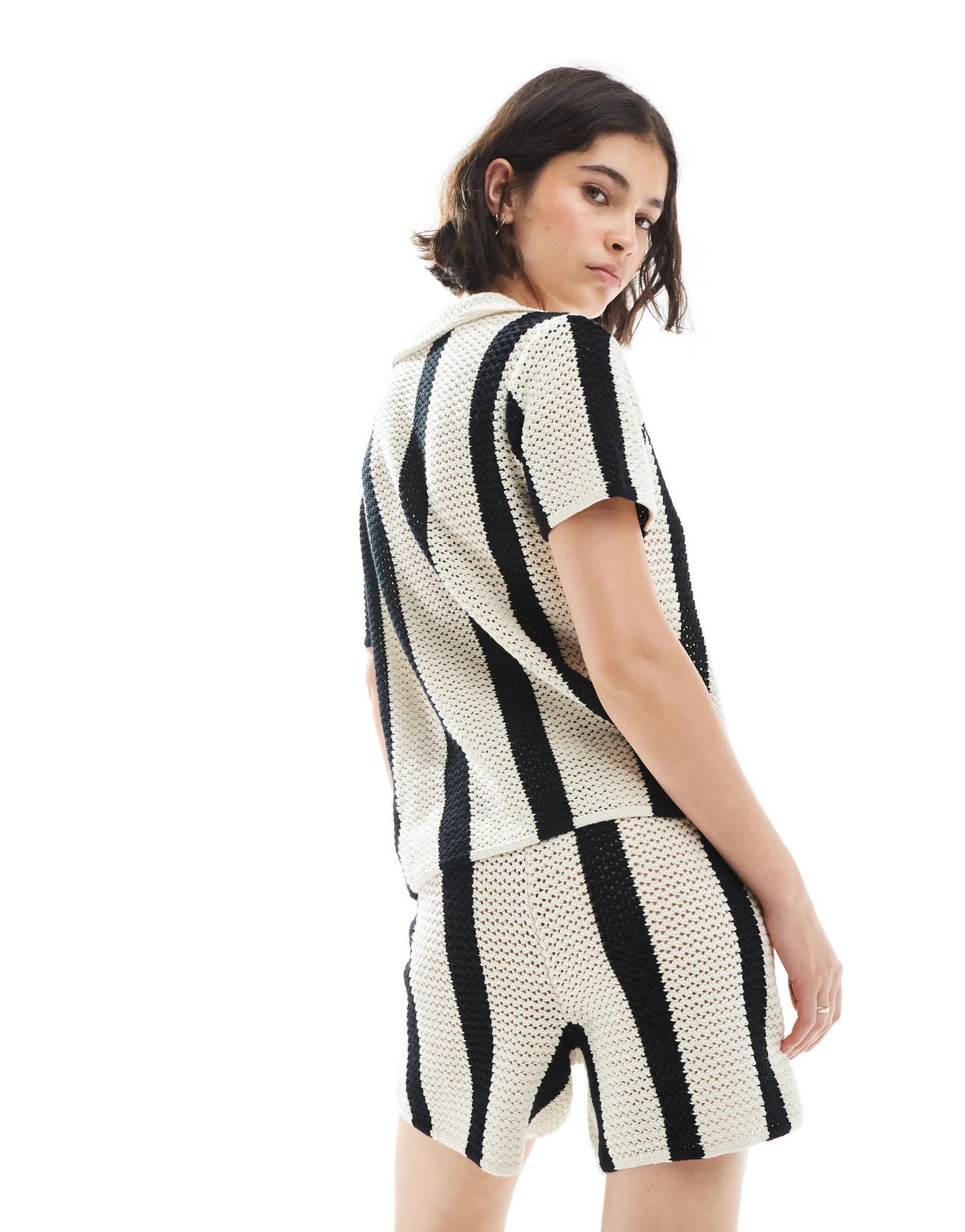 Pieces crochet knit short co-ord in black and white stripe