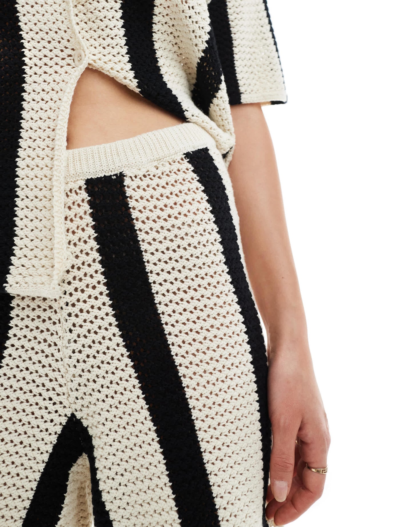 Pieces crochet knit short co-ord in black and white stripe