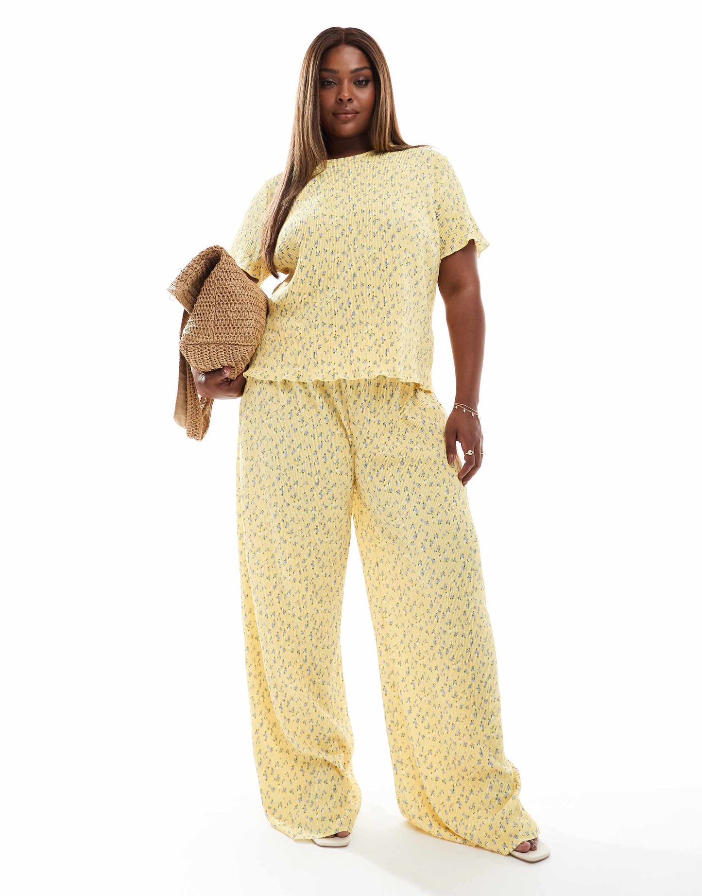 Pieces Curve mini plisse wide leg trouser co-ord in ditsy yellow flower print