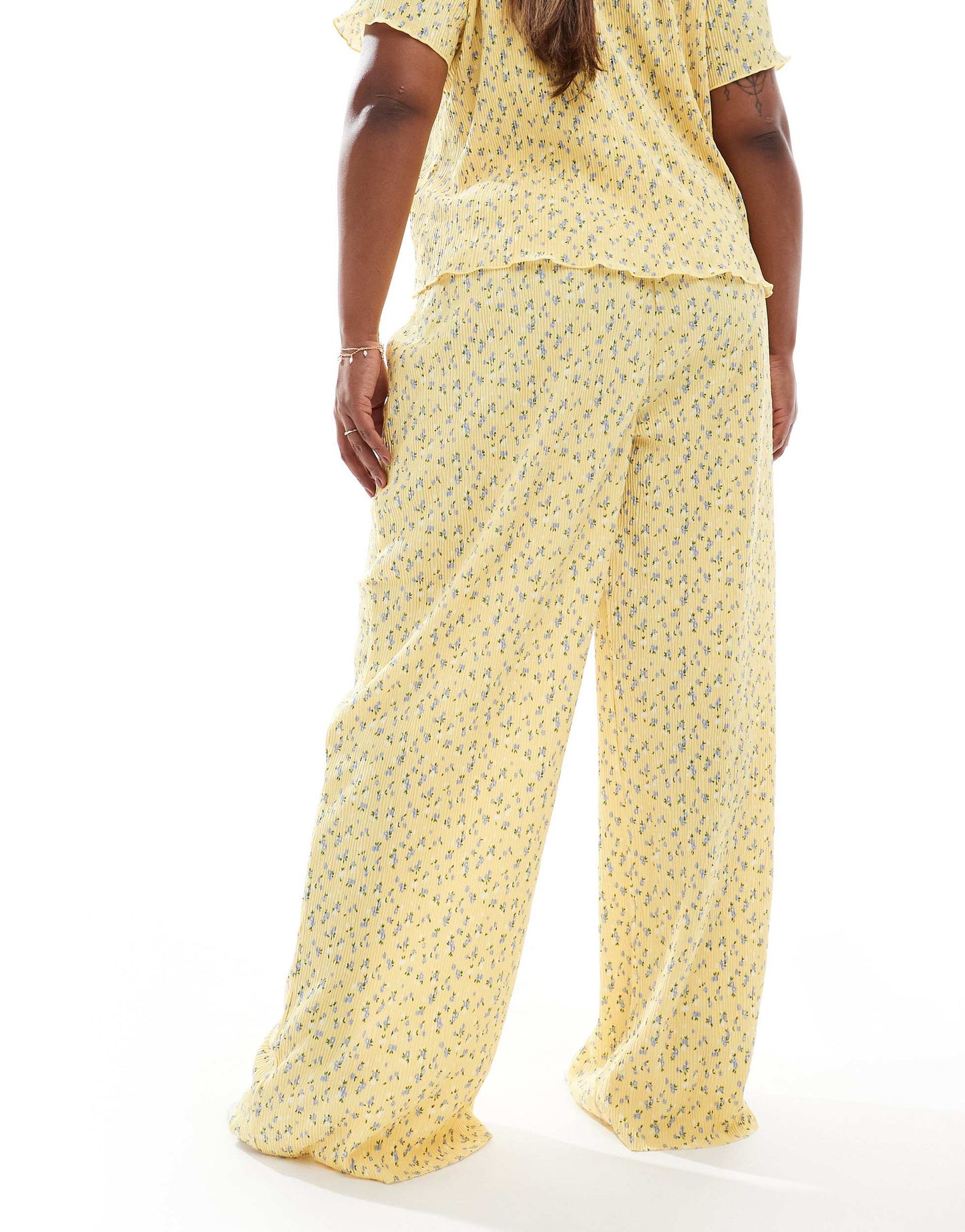 Pieces Curve mini plisse wide leg trouser co-ord in ditsy yellow flower print