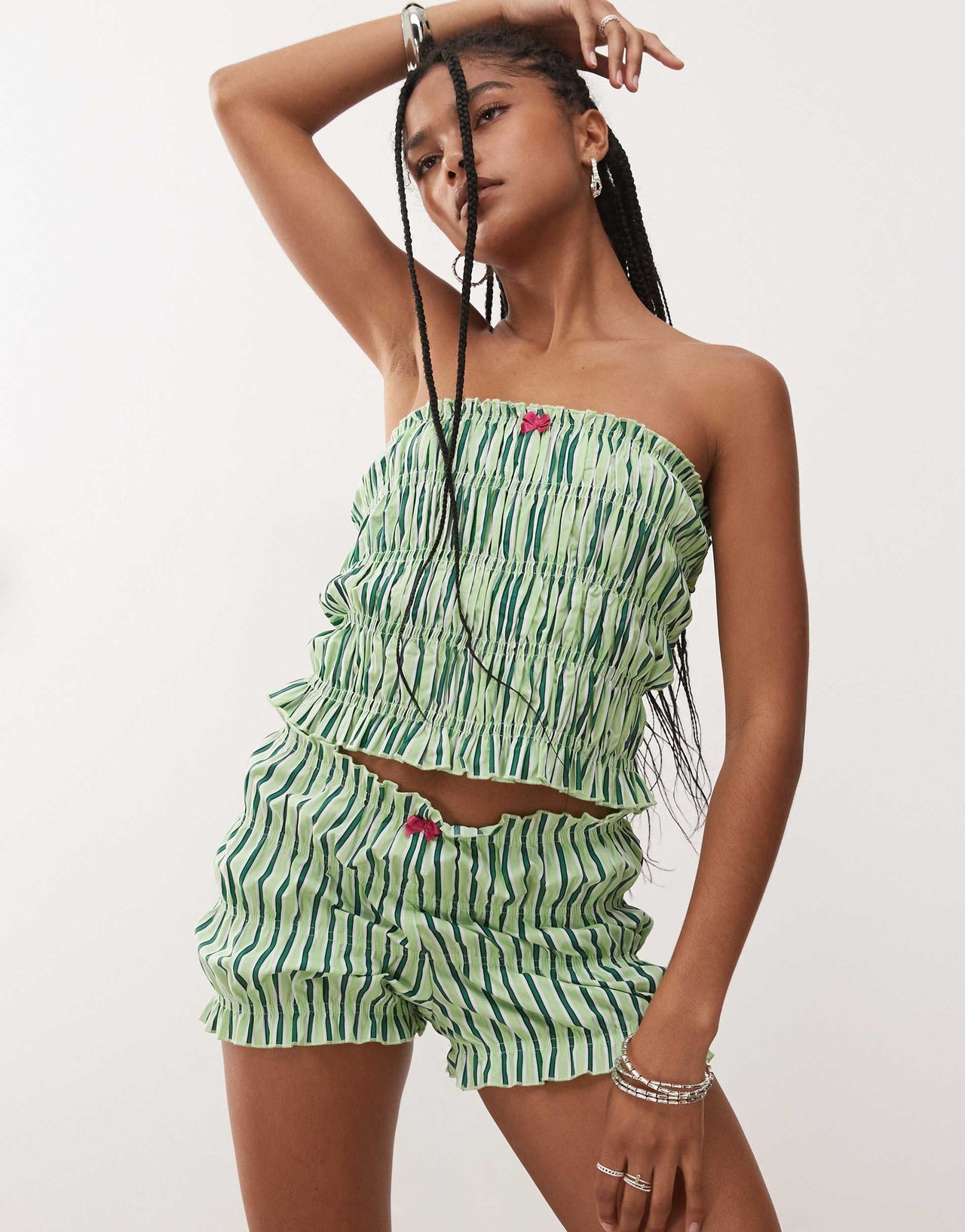 COLLUSION shirred micro shorts co-ord in green stripe