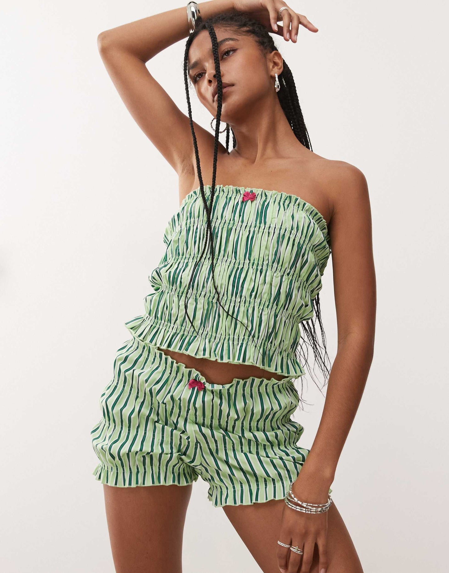 COLLUSION shirred micro shorts co-ord in green stripe