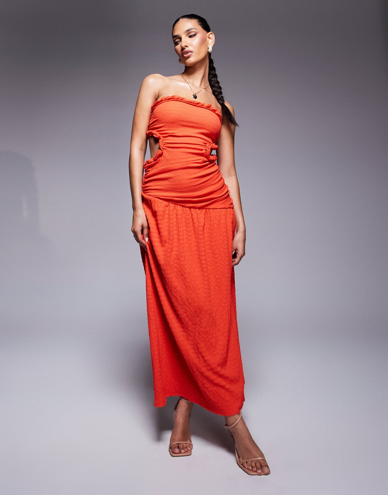 ASOS DESIGN bandeau with cut outs and asymmetric hem textured maxi dress in red
