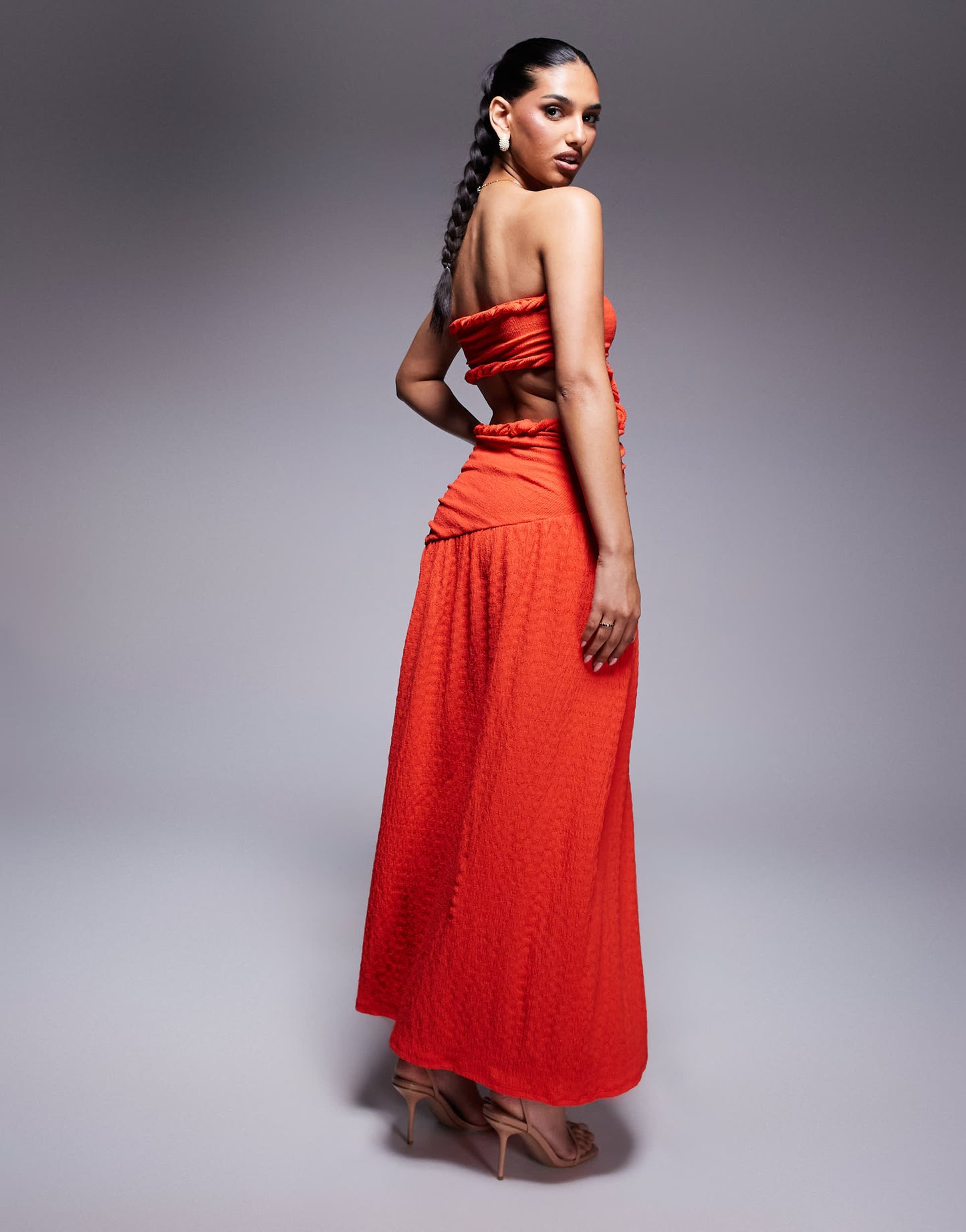 ASOS DESIGN bandeau with cut outs and asymmetric hem textured maxi dress in red
