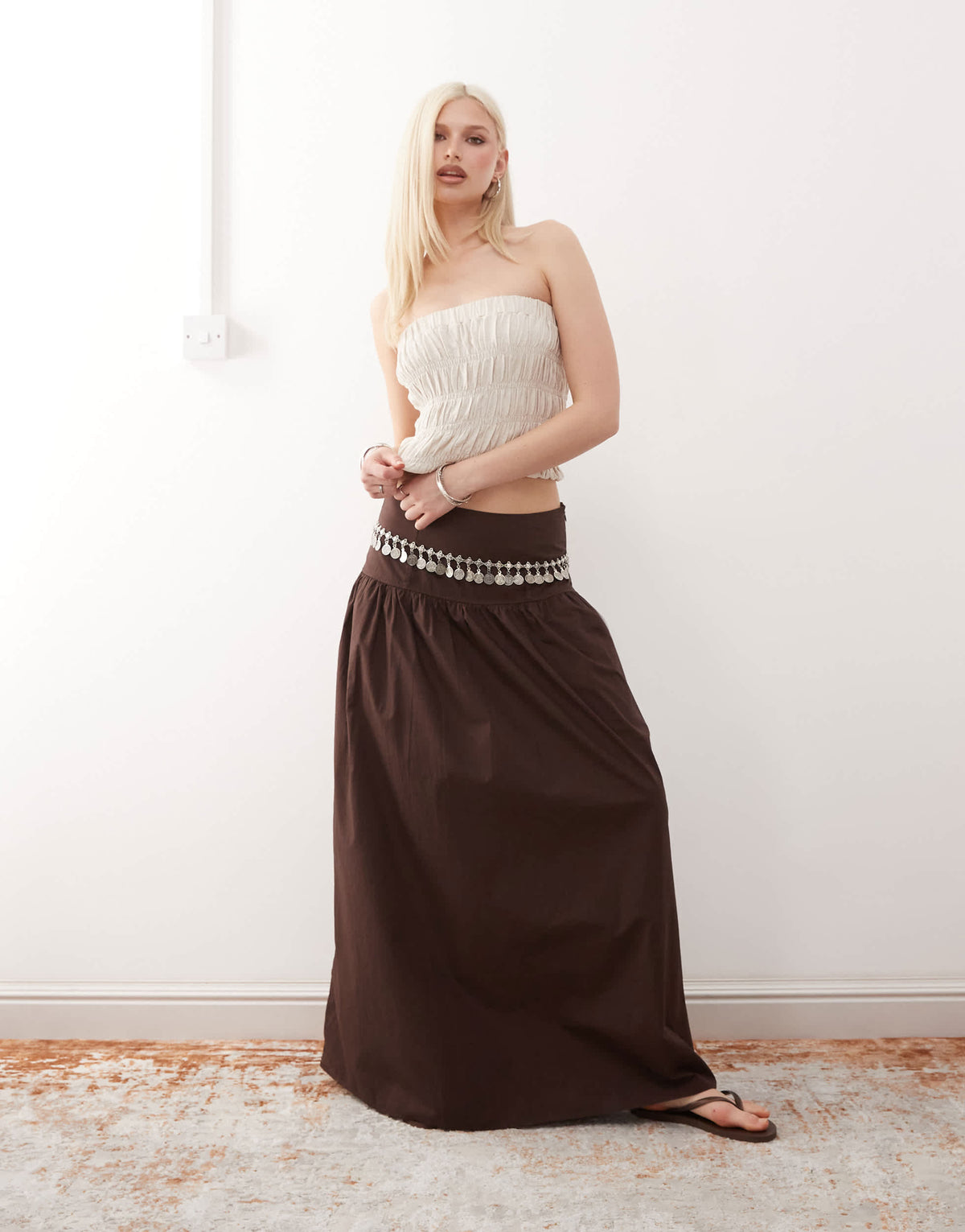 Monki floaty poplin maxi skirt with drop waist detail in dark brown