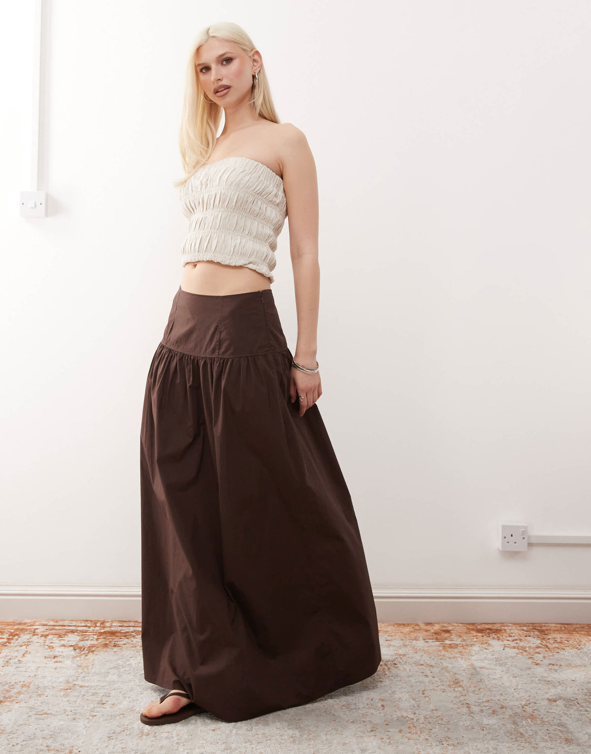 Monki floaty poplin maxi skirt with drop waist detail in dark brown