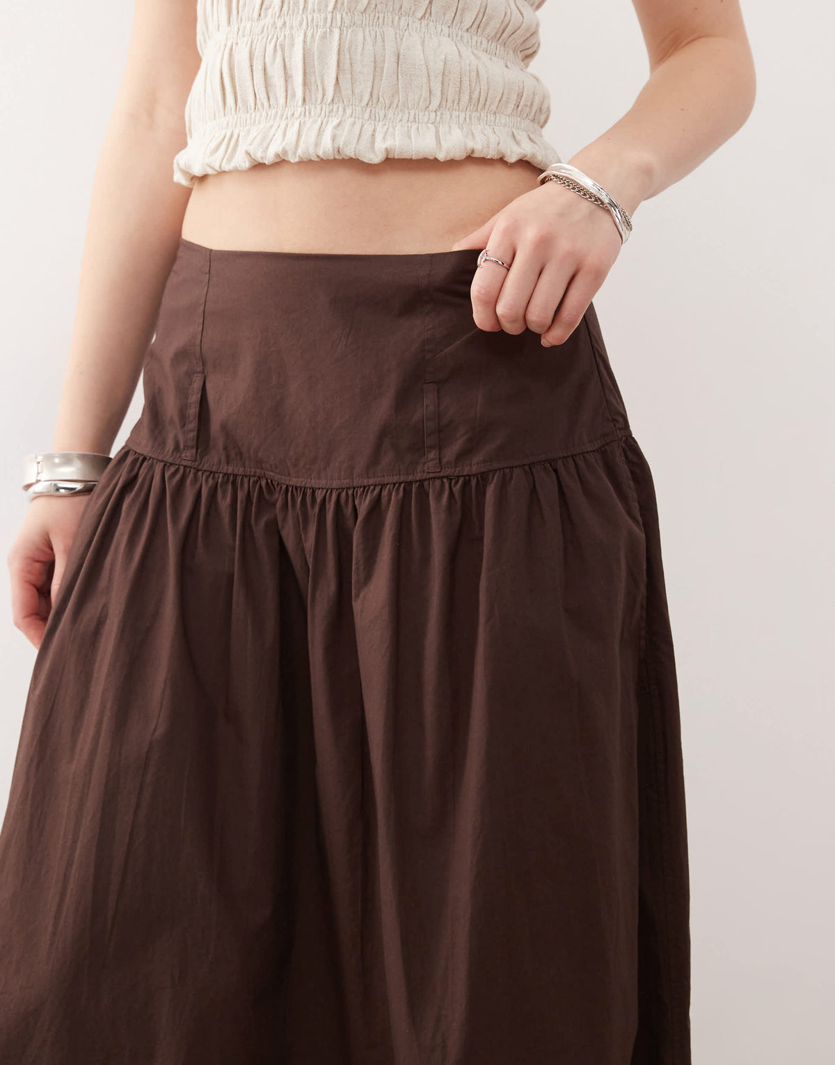 Monki floaty poplin maxi skirt with drop waist detail in dark brown