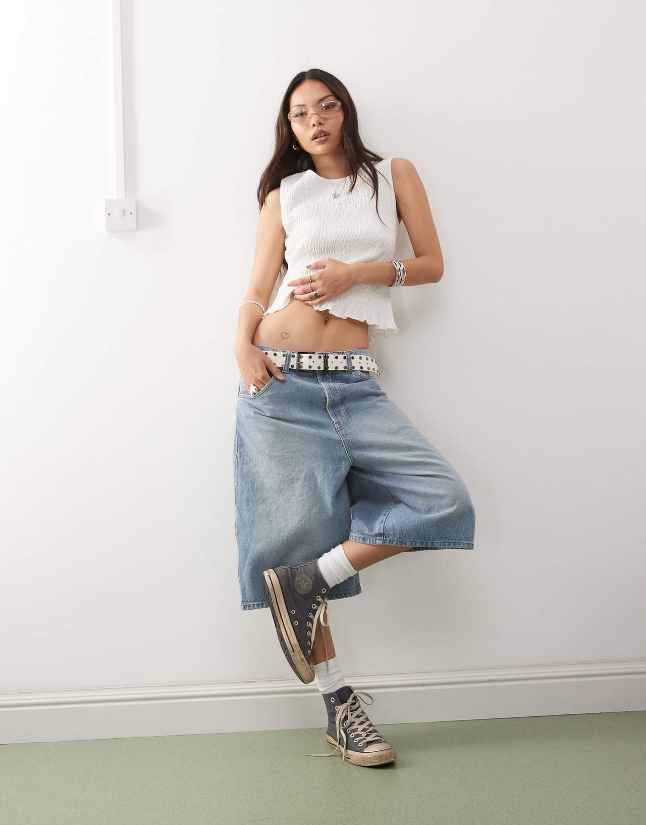 Monki smock shirred sleeveless tank with frill edge in white
